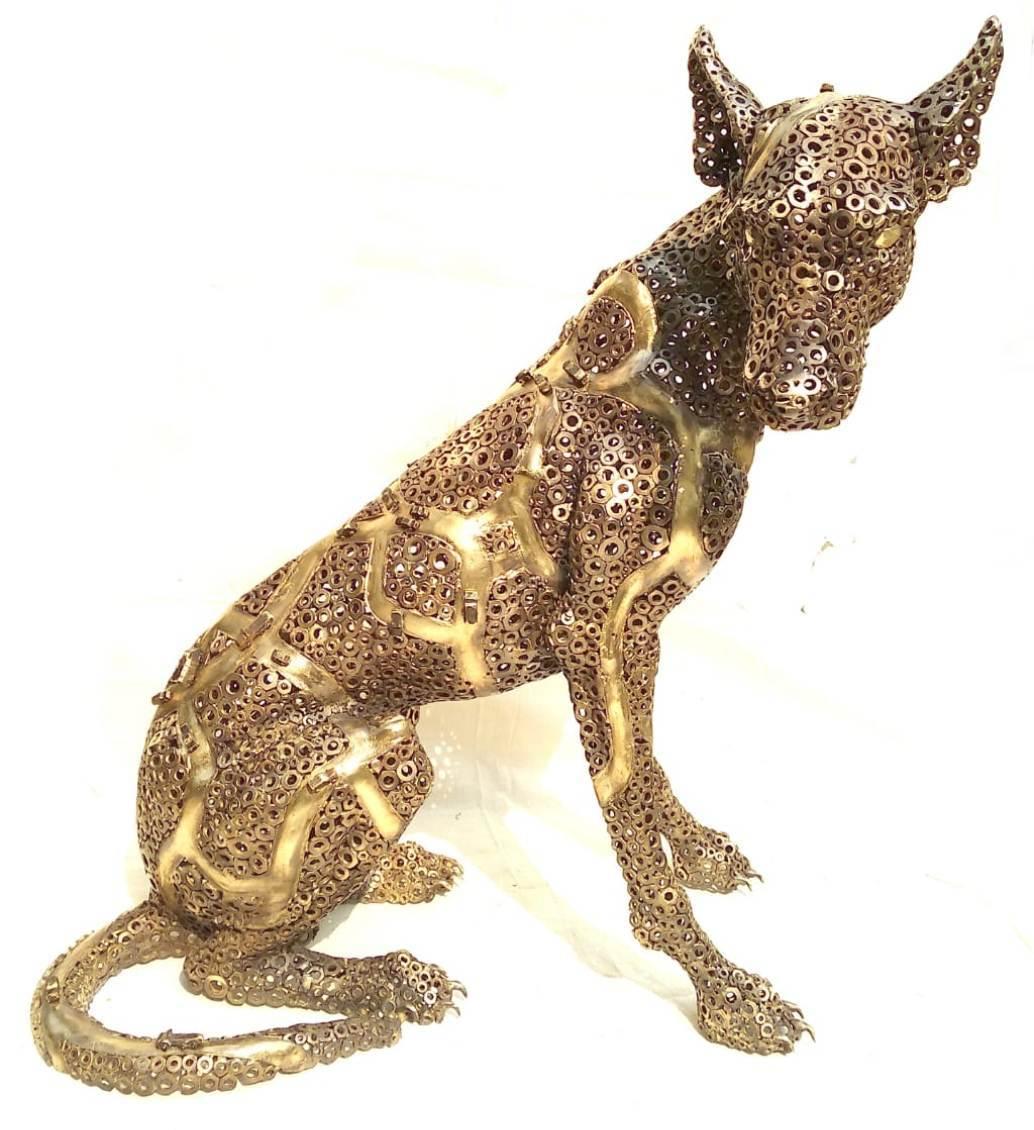 Pintu Sikder Figurative Sculpture - Dog, Figurative, Brass, Yellow, Brown Color by Contemporary Artist-In Stock