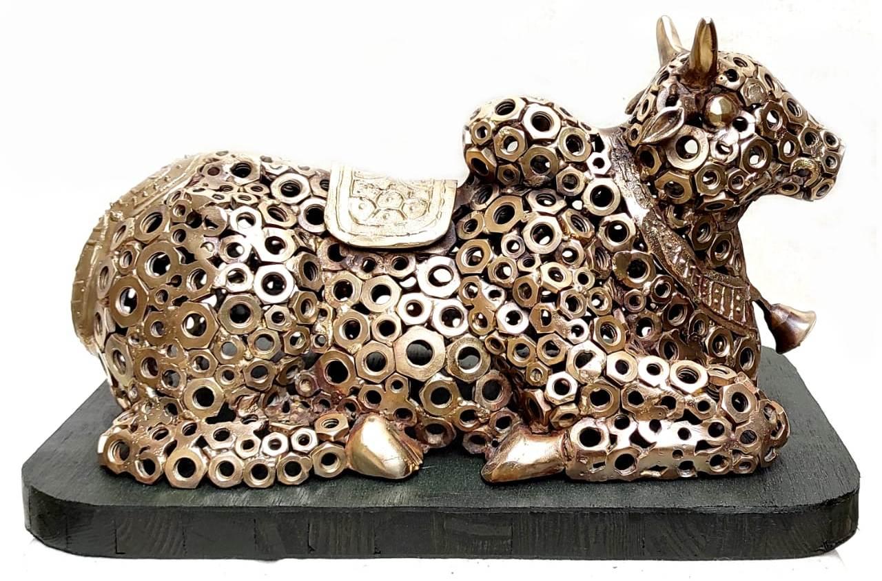Nandi, Figurative, Brass & Wood, Mythology by Contemporary Artist 