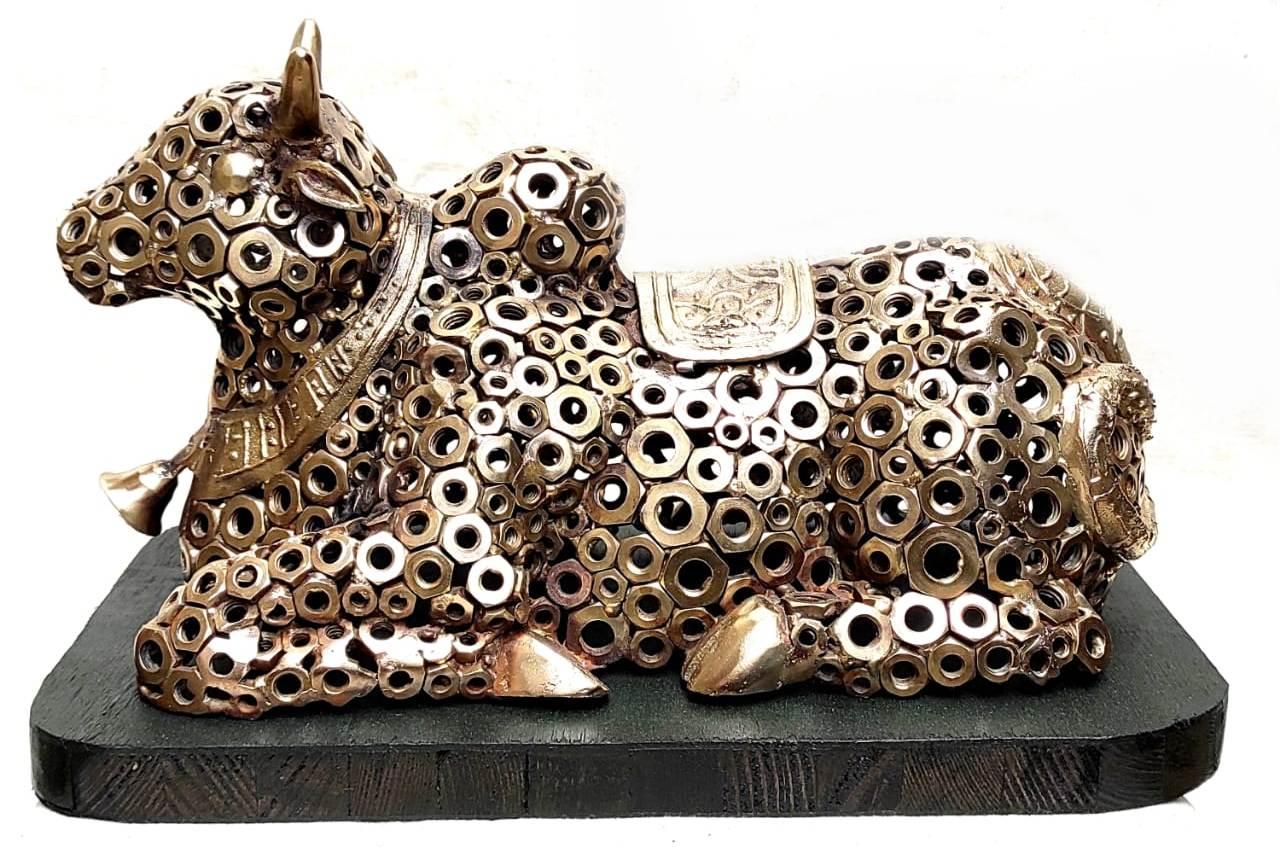 Pintu Sikder Figurative Sculpture - Nandi, Figurative, Brass & Wood, Mythology by Contemporary Artist "In Stock"