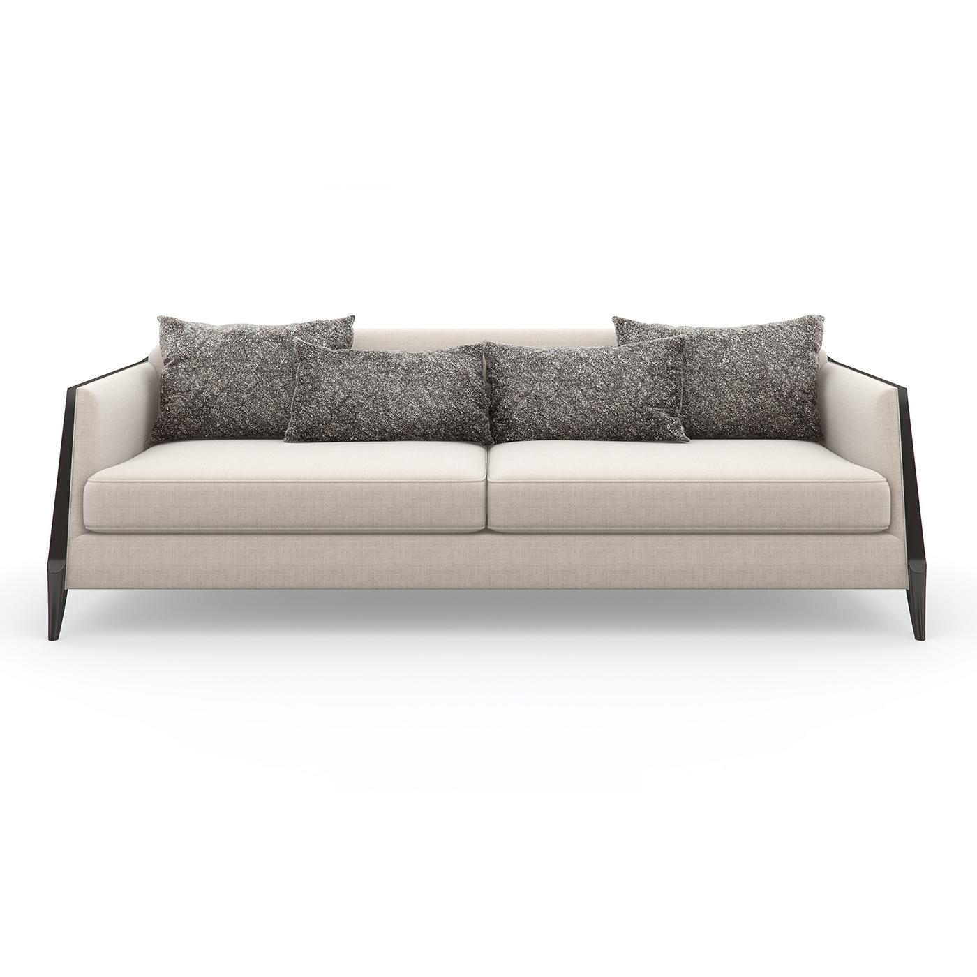 An Art Deco style sofa, Statement-making from every angle, this modern sofa features a striking silhouette, distinctly defined by continuous clean lines and a slim wood frame. Tailored to perfection in a woven linen fabric, its smooth upholstered
