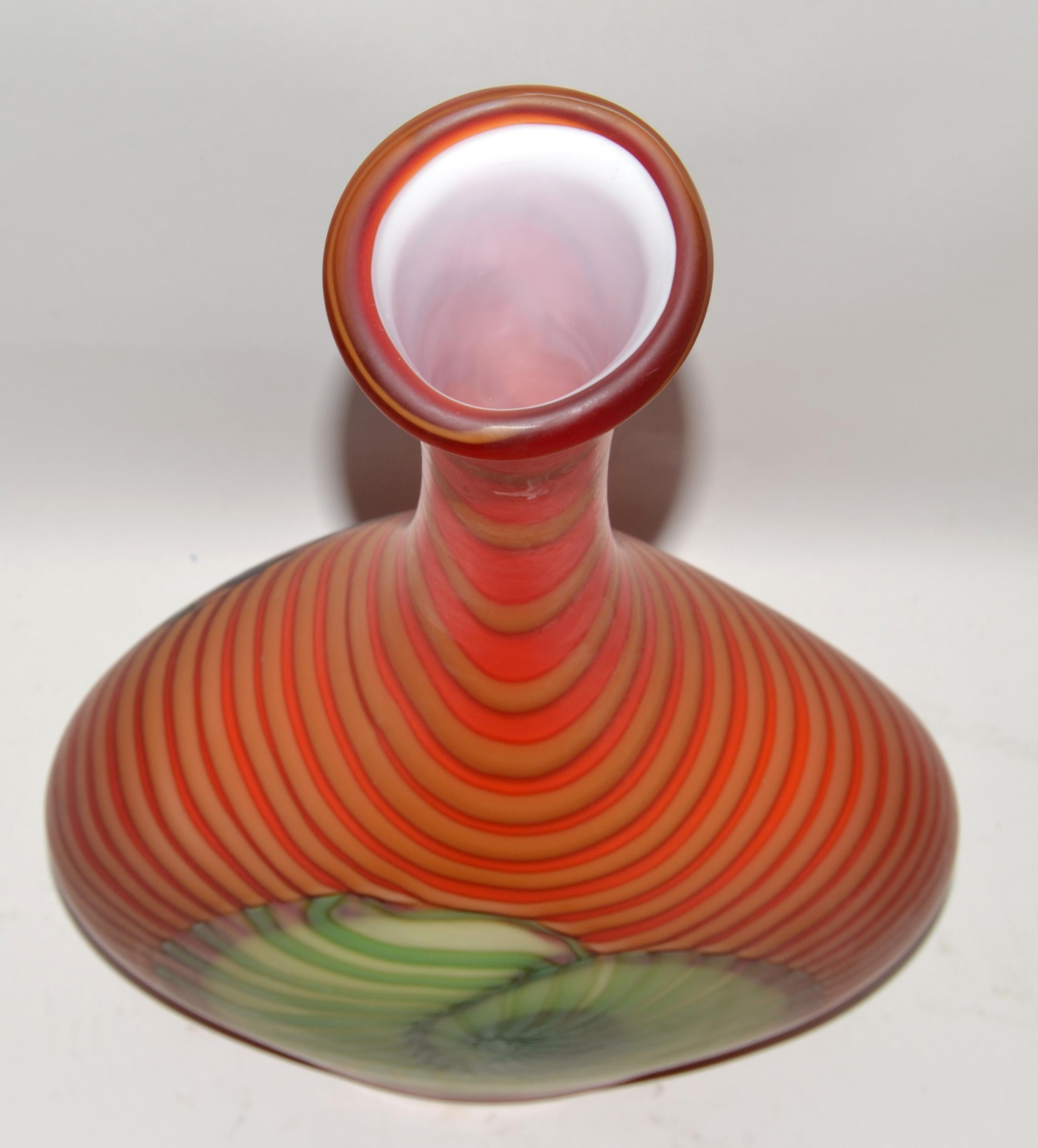 Pinzan Murano Art Glass Genie Decanter Orange White Yellow Swirls Nautical Shell For Sale 2