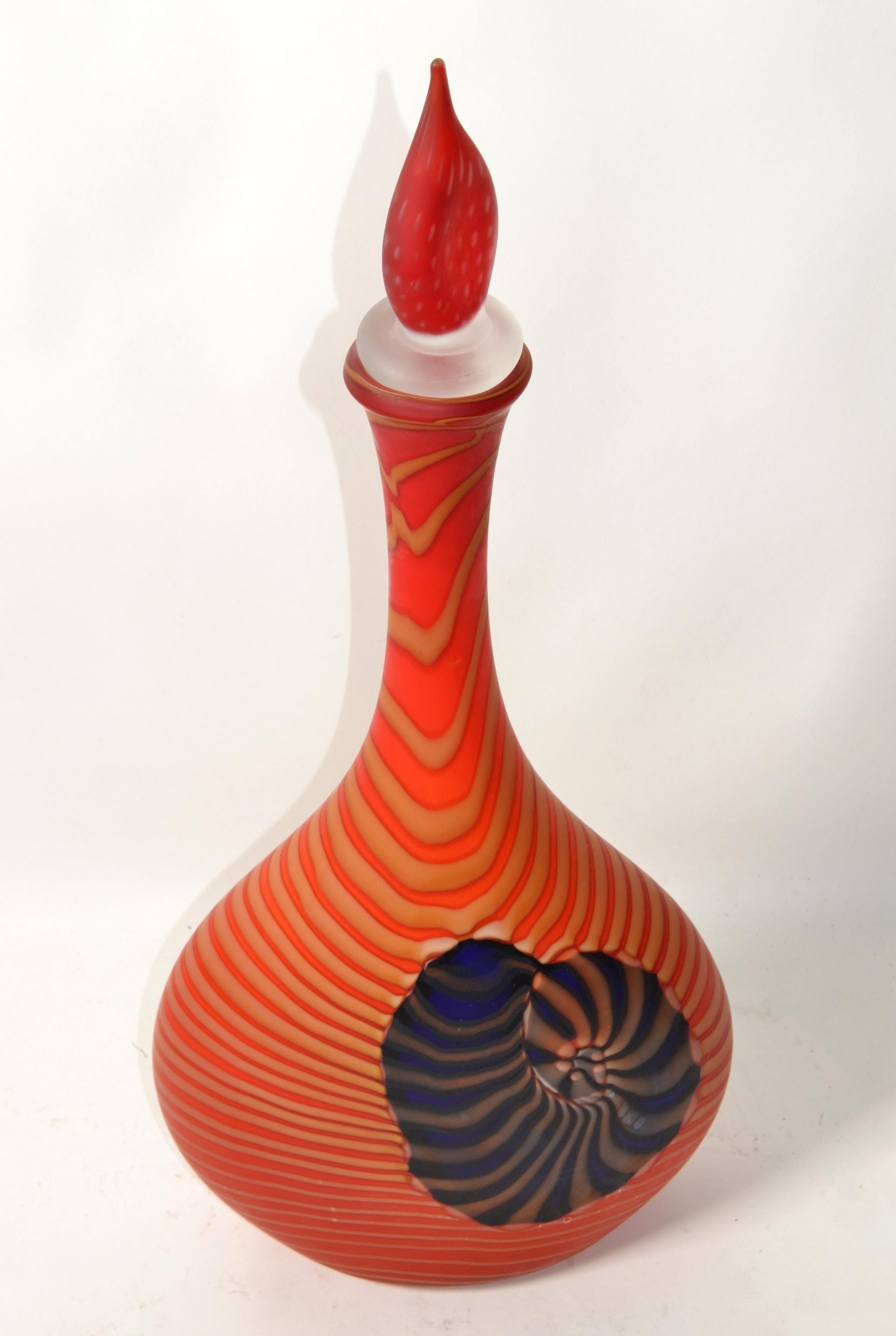 Contemporary Pinzan Murano Art Glass Genie Decanter Orange White Yellow Swirls Nautical Shell For Sale