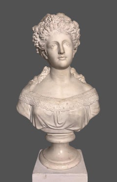 Grand buste de jeune femme en marbre blanc signé