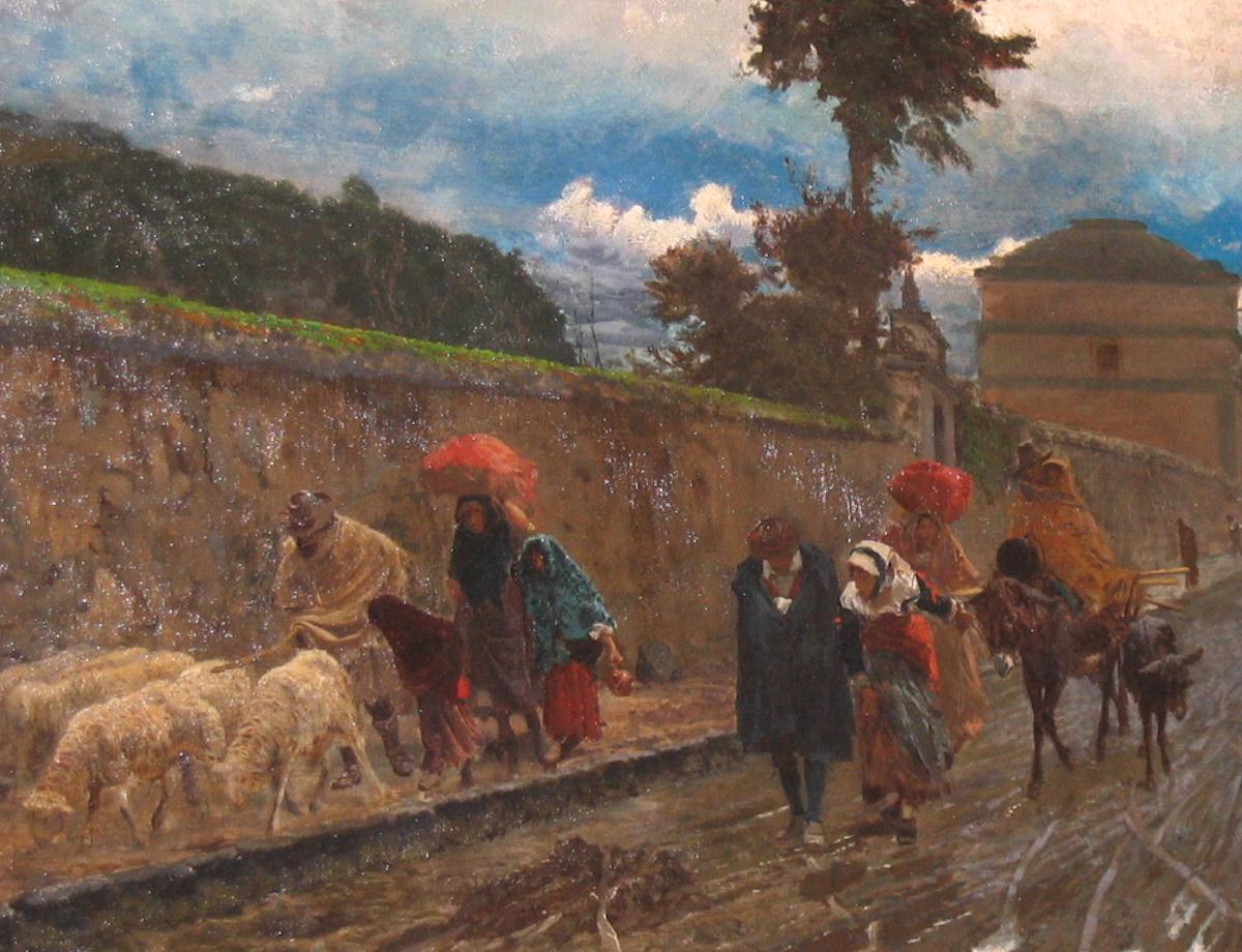 Peinture à l'huile italienne du 19ème siècle - Via Flaminia un dimanche matin - Painting de Pio Joris
