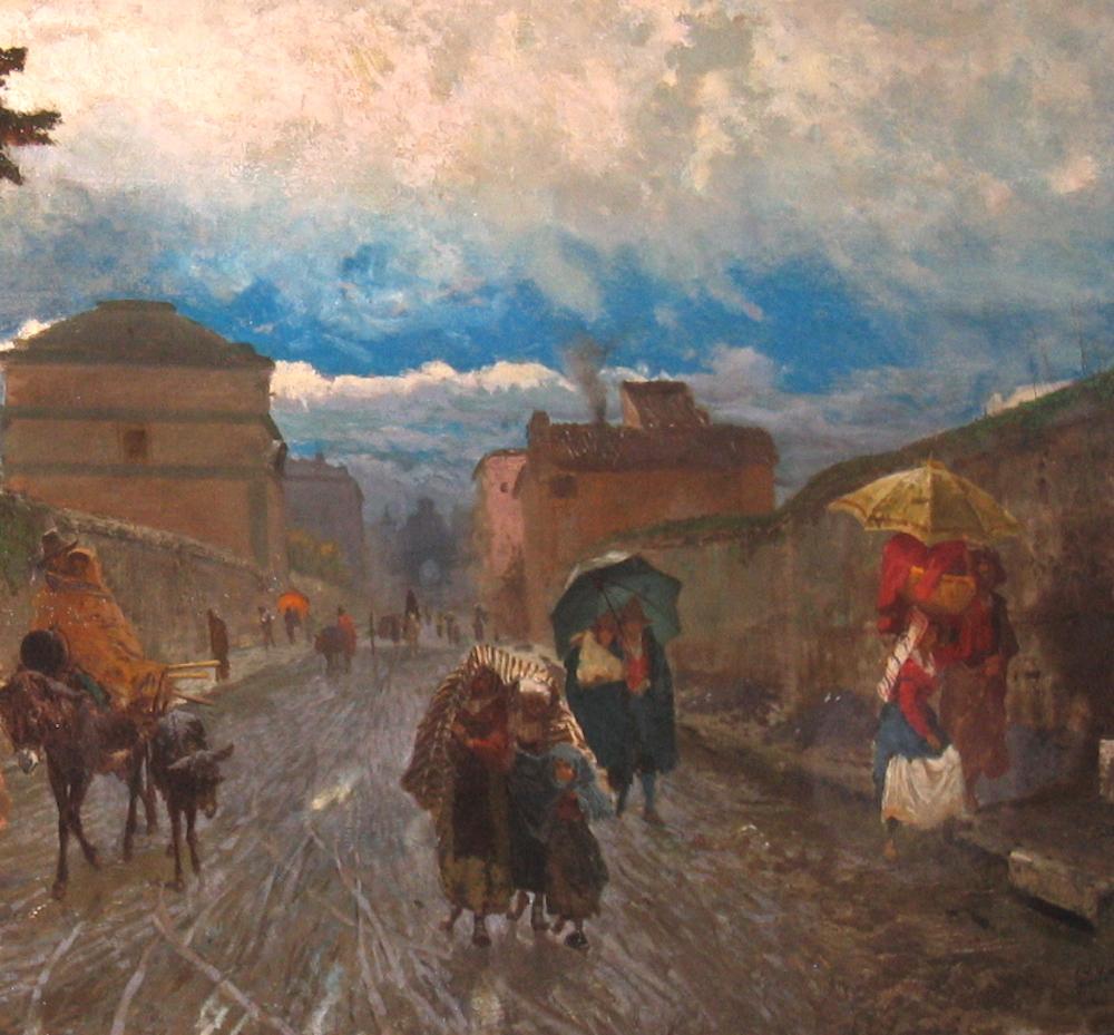 Peinture à l'huile italienne du 19ème siècle - Via Flaminia un dimanche matin - Impressionnisme Painting par Pio Joris