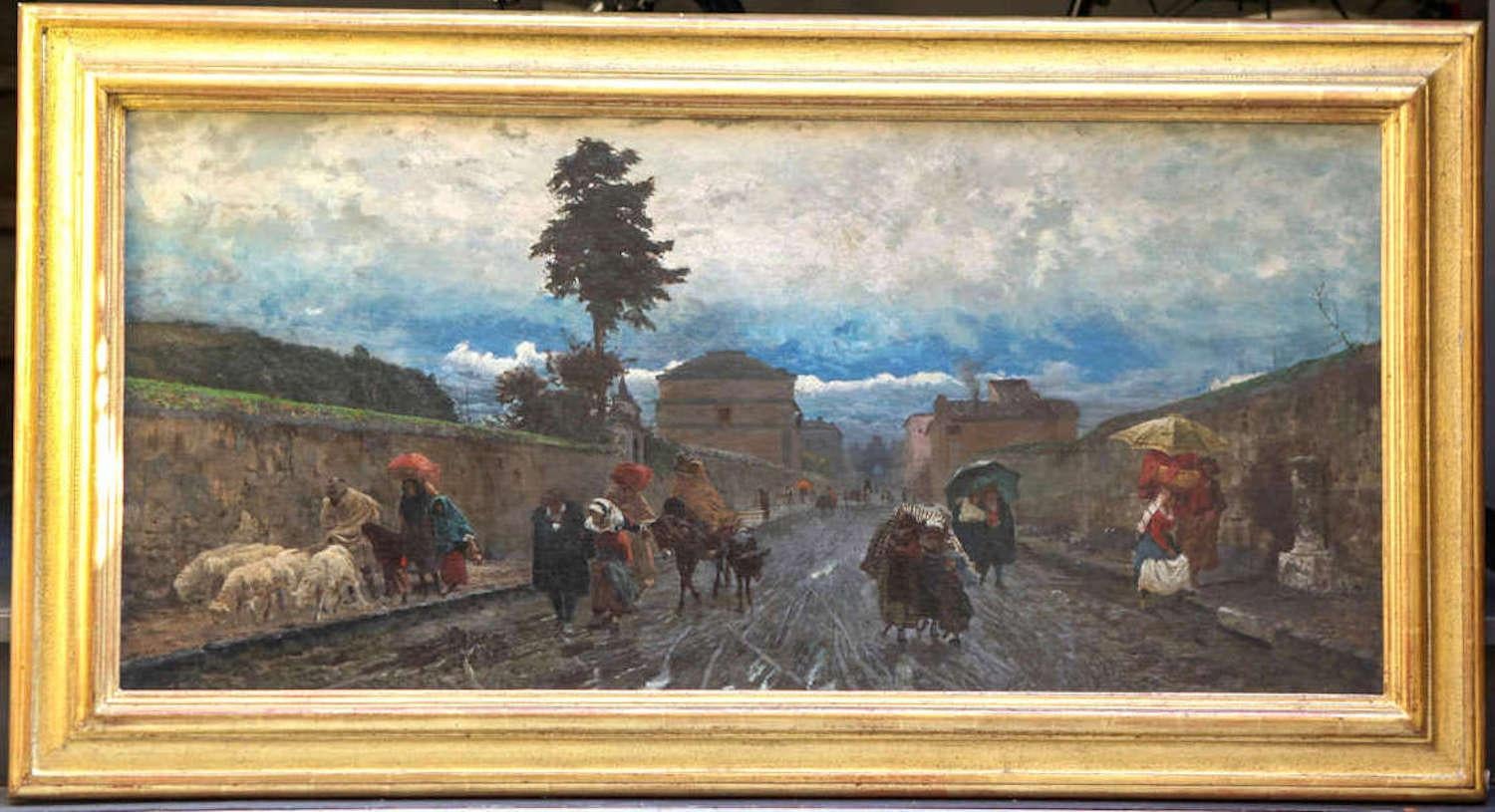Peinture à l'huile italienne du 19ème siècle - Via Flaminia un dimanche matin - Marron Landscape Painting par Pio Joris