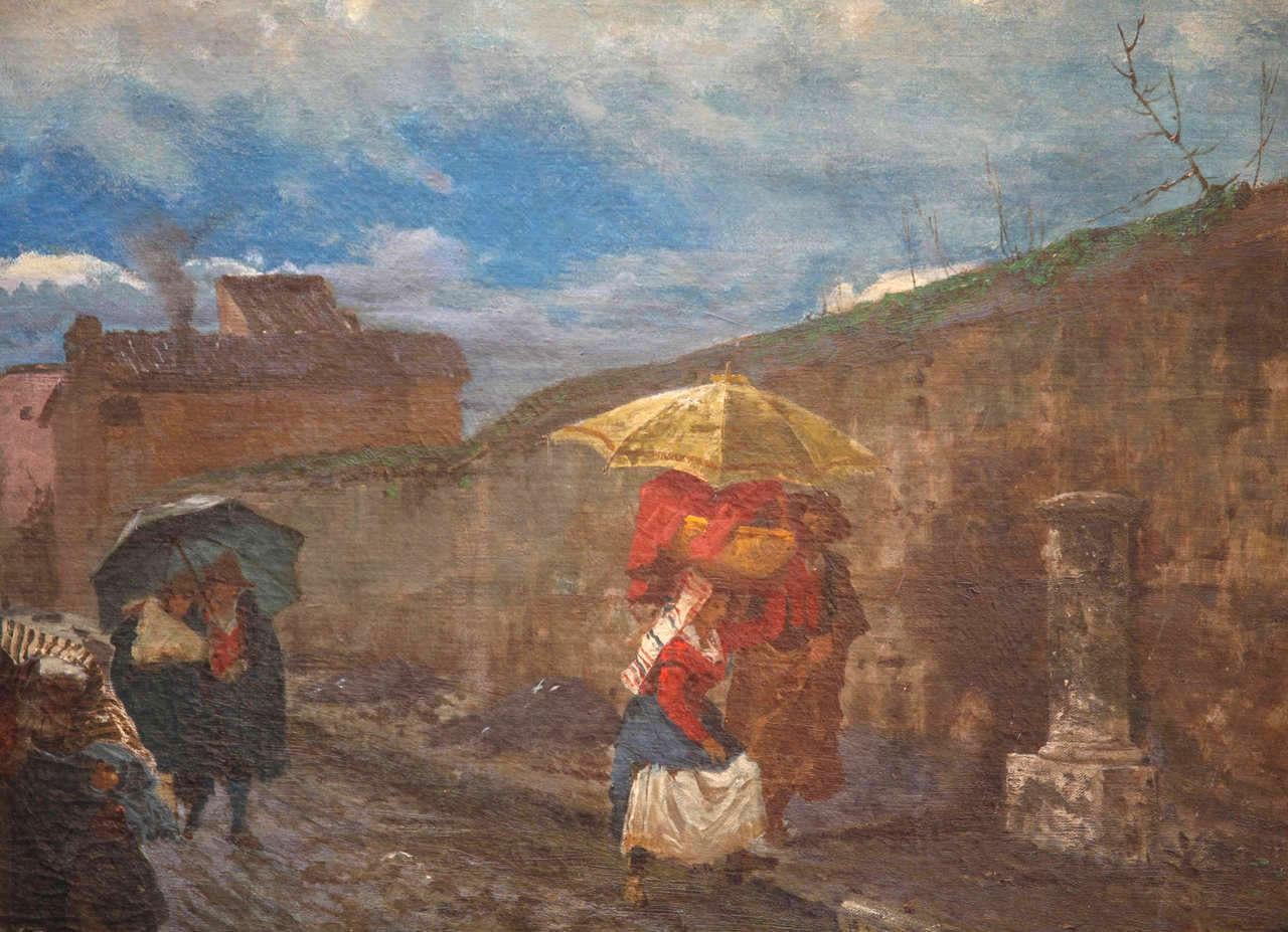 19th Century Italian Landscape Oil Painting - Via Flaminia on a Sunday morning - Brown Figurative Painting by Pio Joris