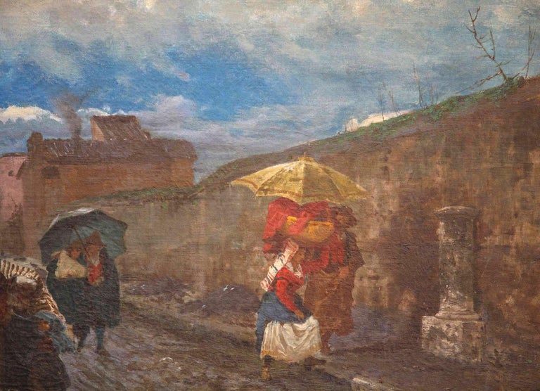 19th Century Italian Landscape Oil Painting - Via Flaminia on a Sunday morning For Sale 2