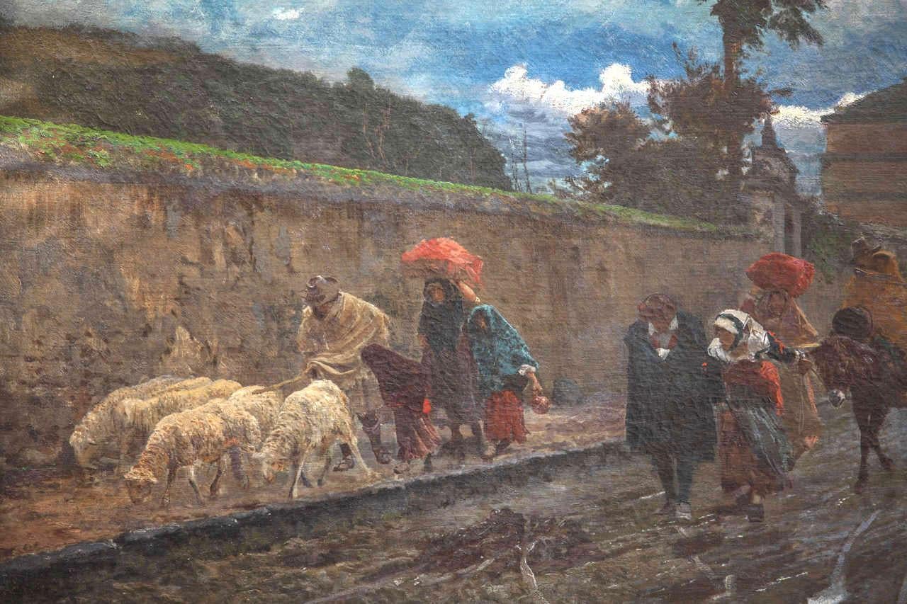 19th Century Italian Landscape Oil Painting - Via Flaminia on a Sunday morning For Sale 4