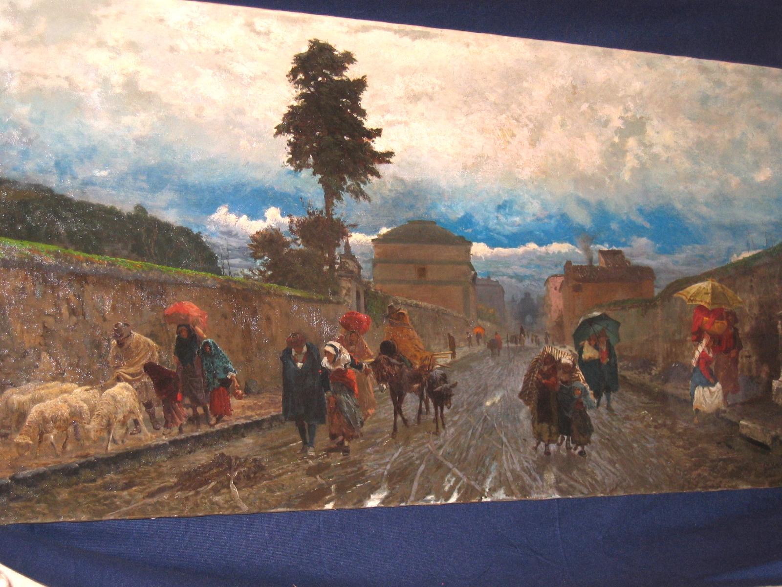 Peinture à l'huile italienne du 19ème siècle - Via Flaminia un dimanche matin en vente 4