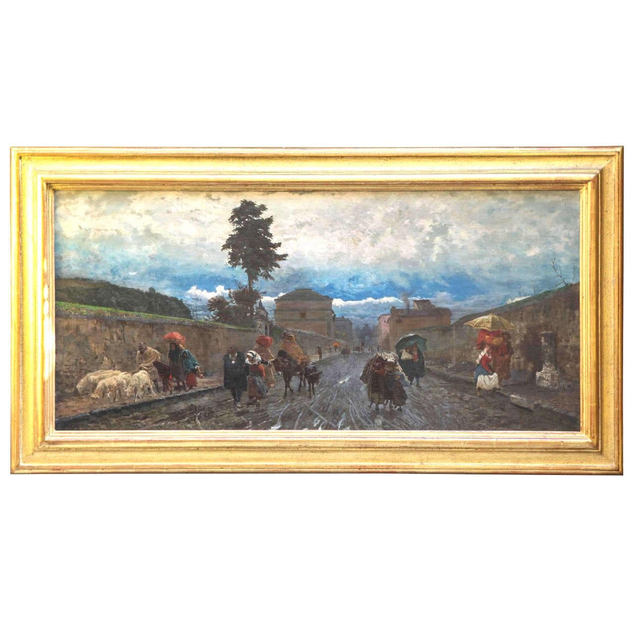 Pio Joris Landscape Painting - 19th Century Italian Landscape Oil Painting - Via Flaminia on a Sunday morning