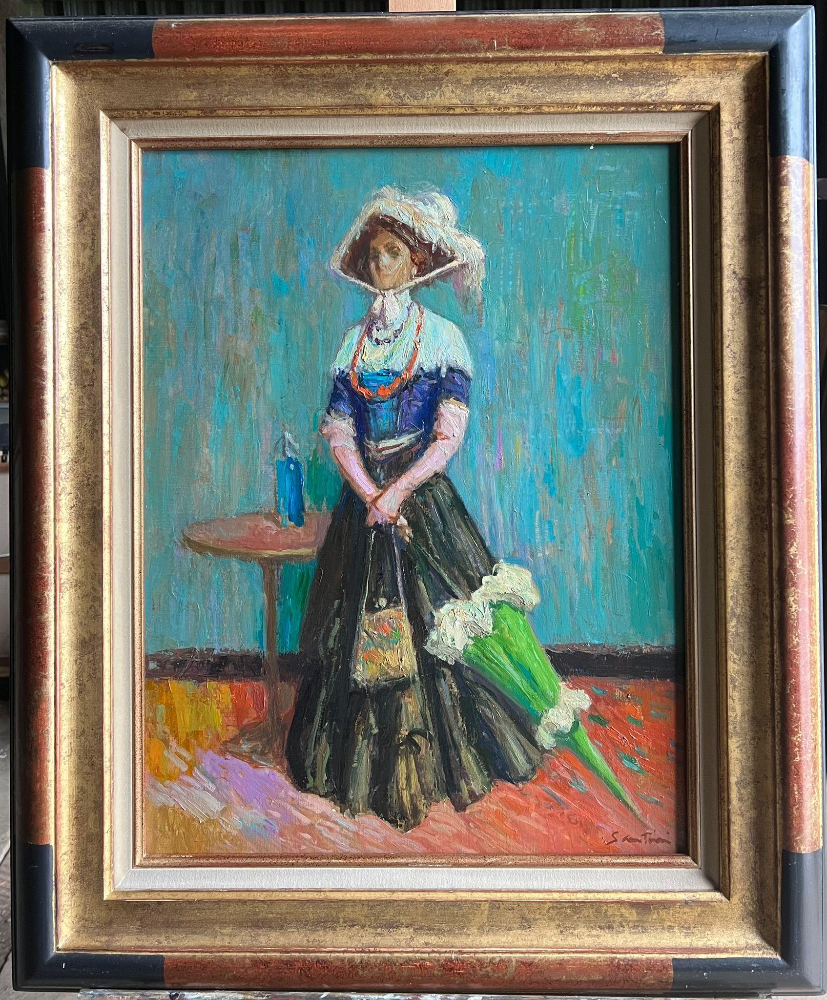 Raffinato dipinto a olio dell'Impressionismo francese Ritratto di signora elegante con ombrellone - Painting di Pio Santini