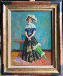 Raffinato dipinto a olio dell'Impressionismo francese Ritratto di signora elegante con ombrellone