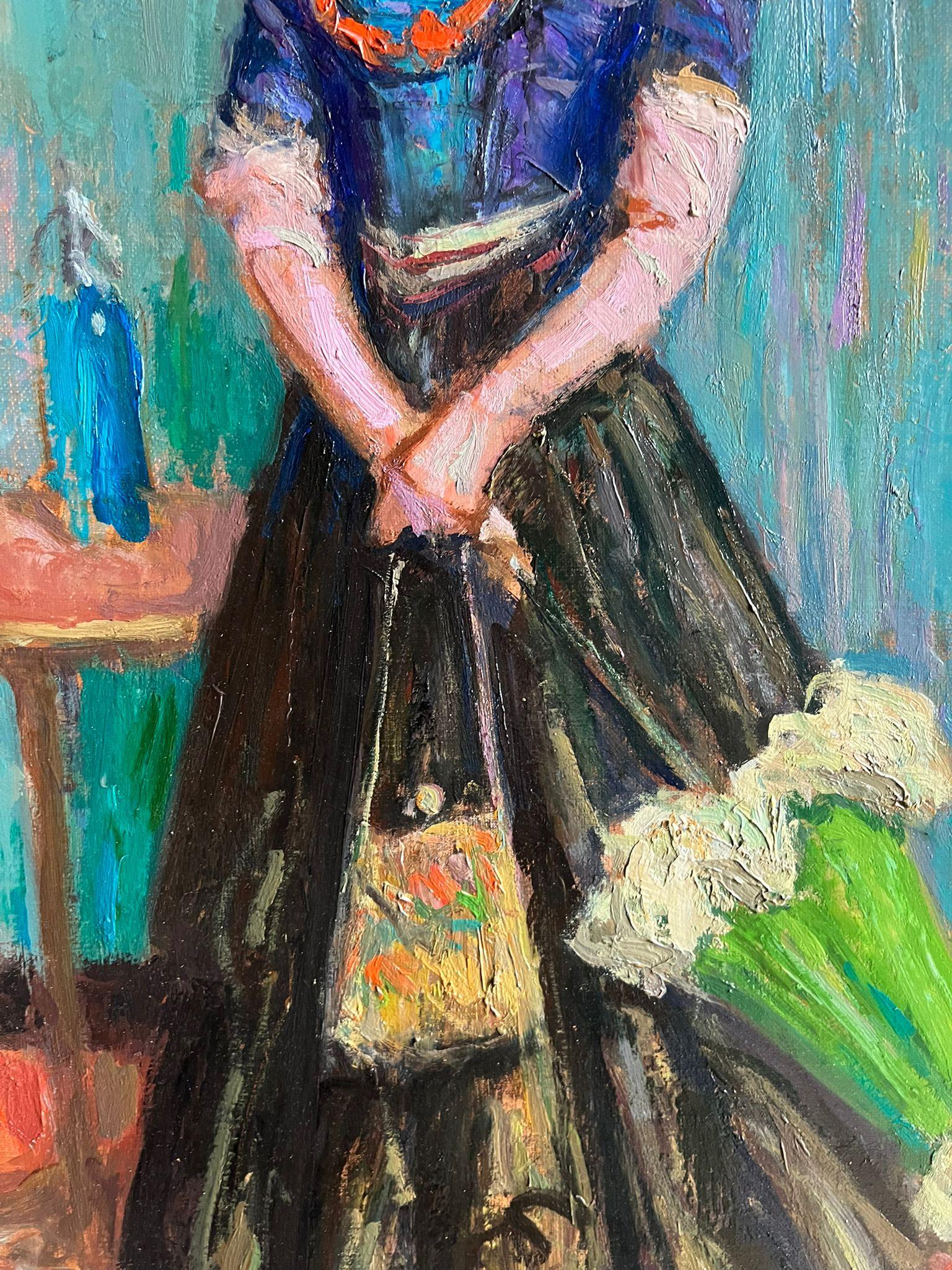 Raffinato dipinto a olio dell'Impressionismo francese Ritratto di signora elegante con ombrellone - Figurative Painting Blu di Pio Santini