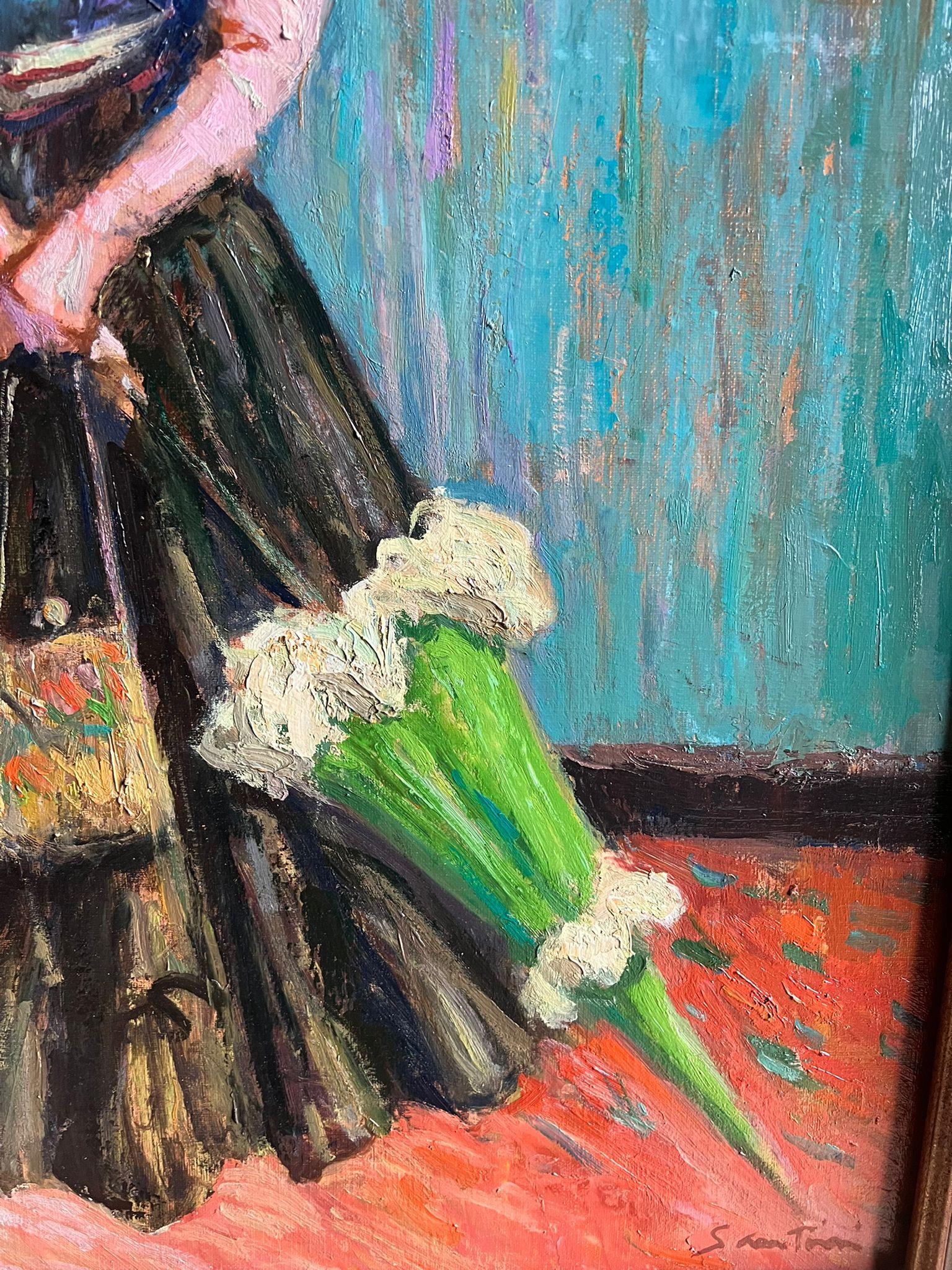 Feines französisches impressionistisches Ölgemälde Portrait Elegante Dame mit Sonnenschirm (Blau), Figurative Painting, von Pio Santini