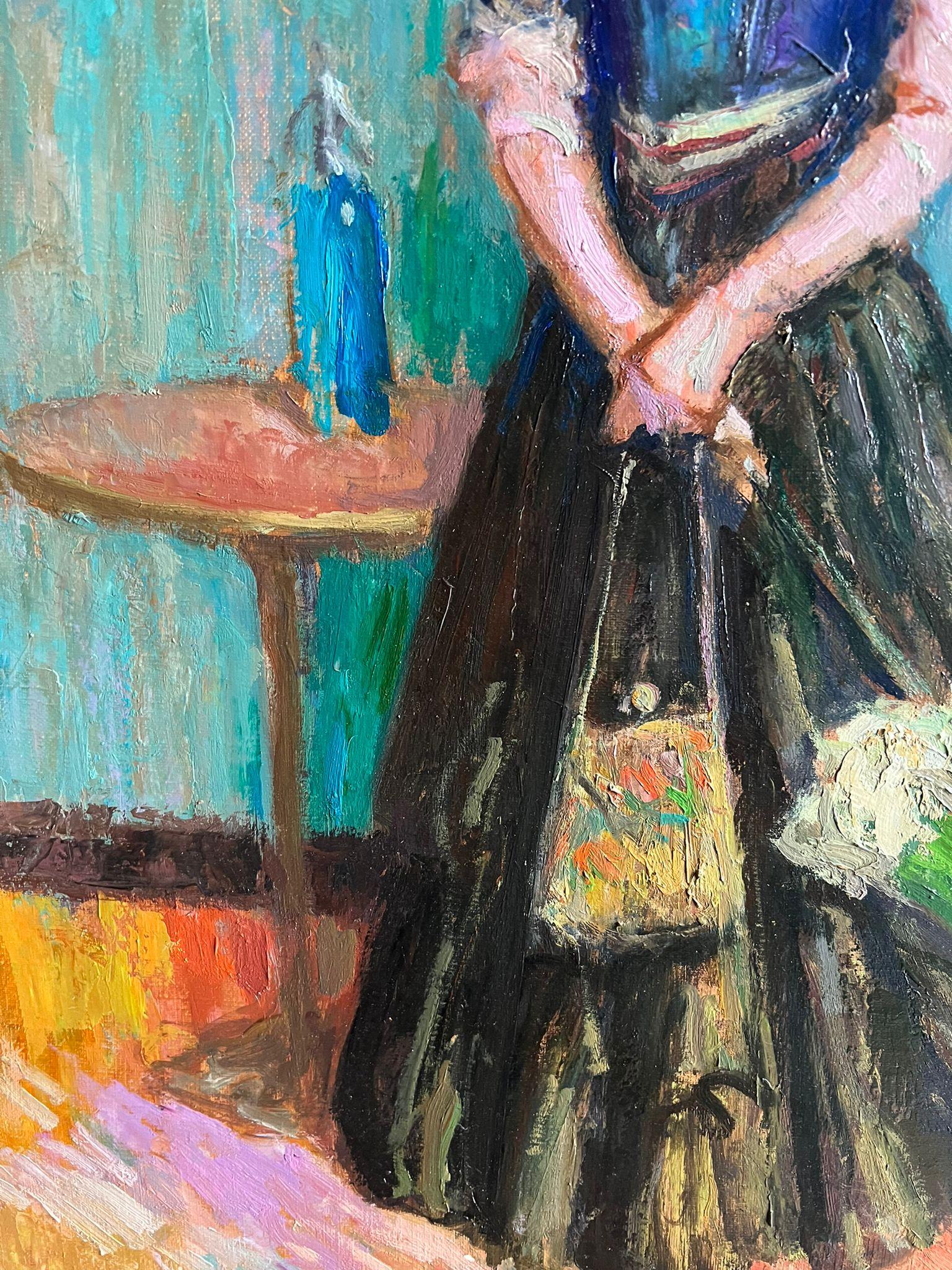 Raffinato dipinto a olio dell'Impressionismo francese Ritratto di signora elegante con ombrellone in vendita 1