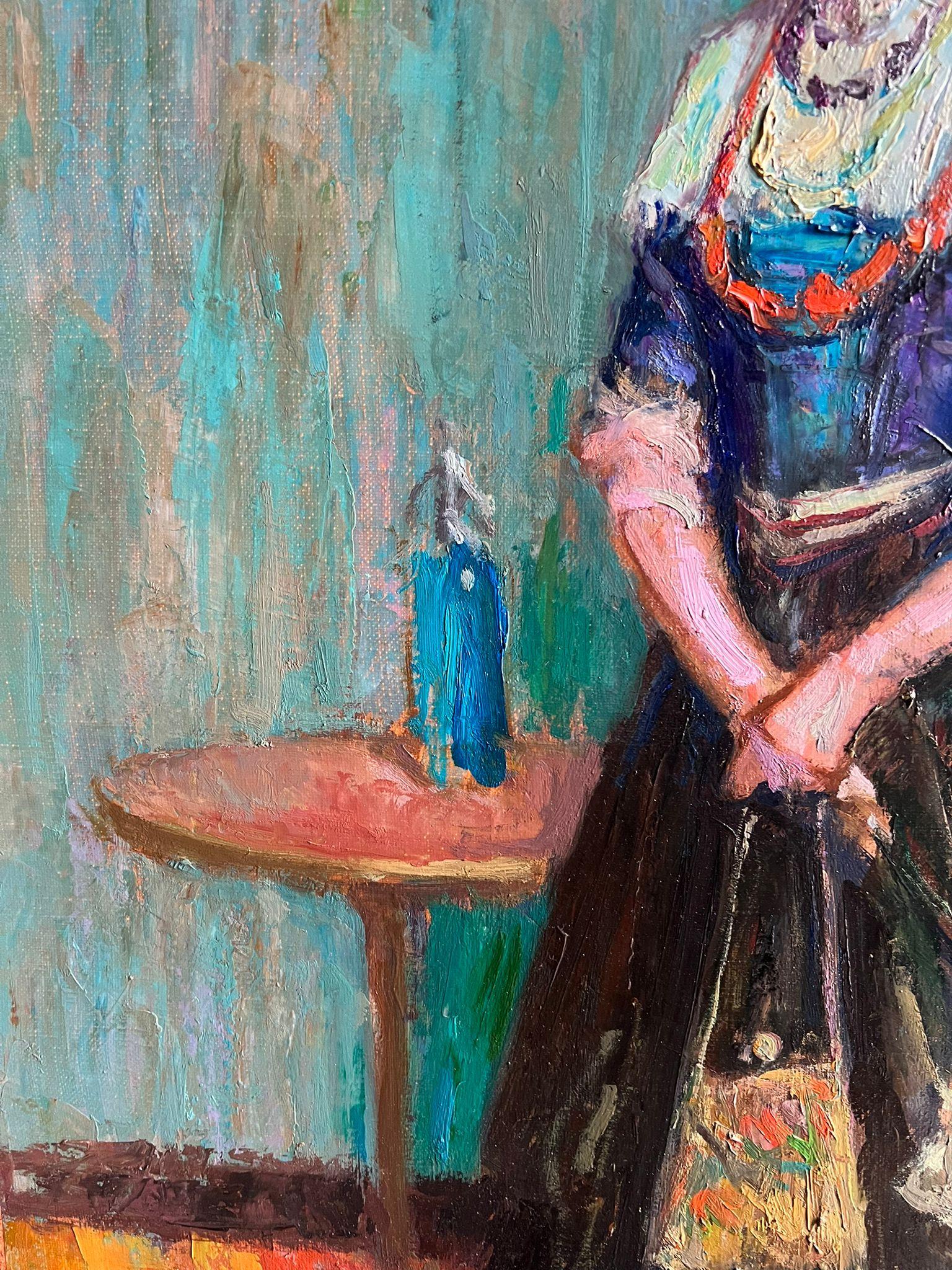 Raffinato dipinto a olio dell'Impressionismo francese Ritratto di signora elegante con ombrellone in vendita 2