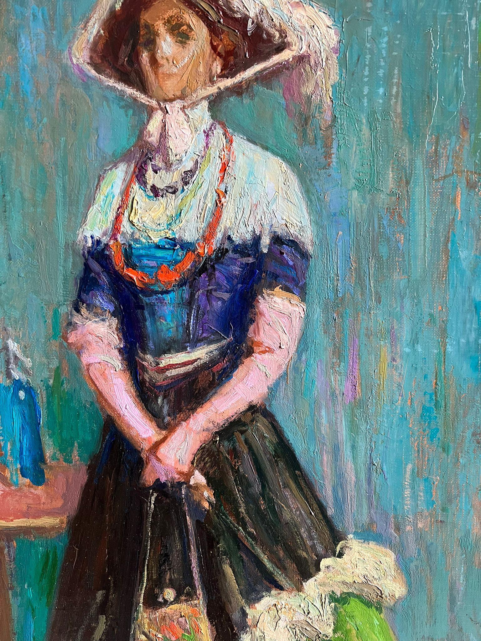 Raffinato dipinto a olio dell'Impressionismo francese Ritratto di signora elegante con ombrellone in vendita 3