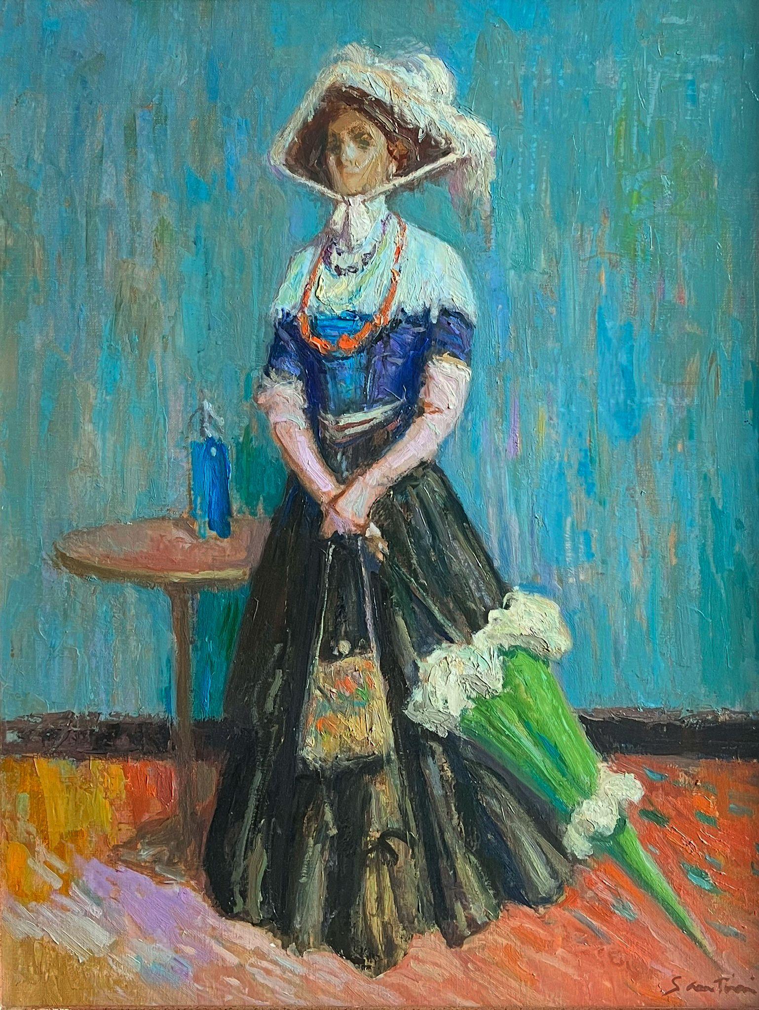 Figurative Painting di Pio Santini - Raffinato dipinto a olio dell'Impressionismo francese Ritratto di signora elegante con ombrellone