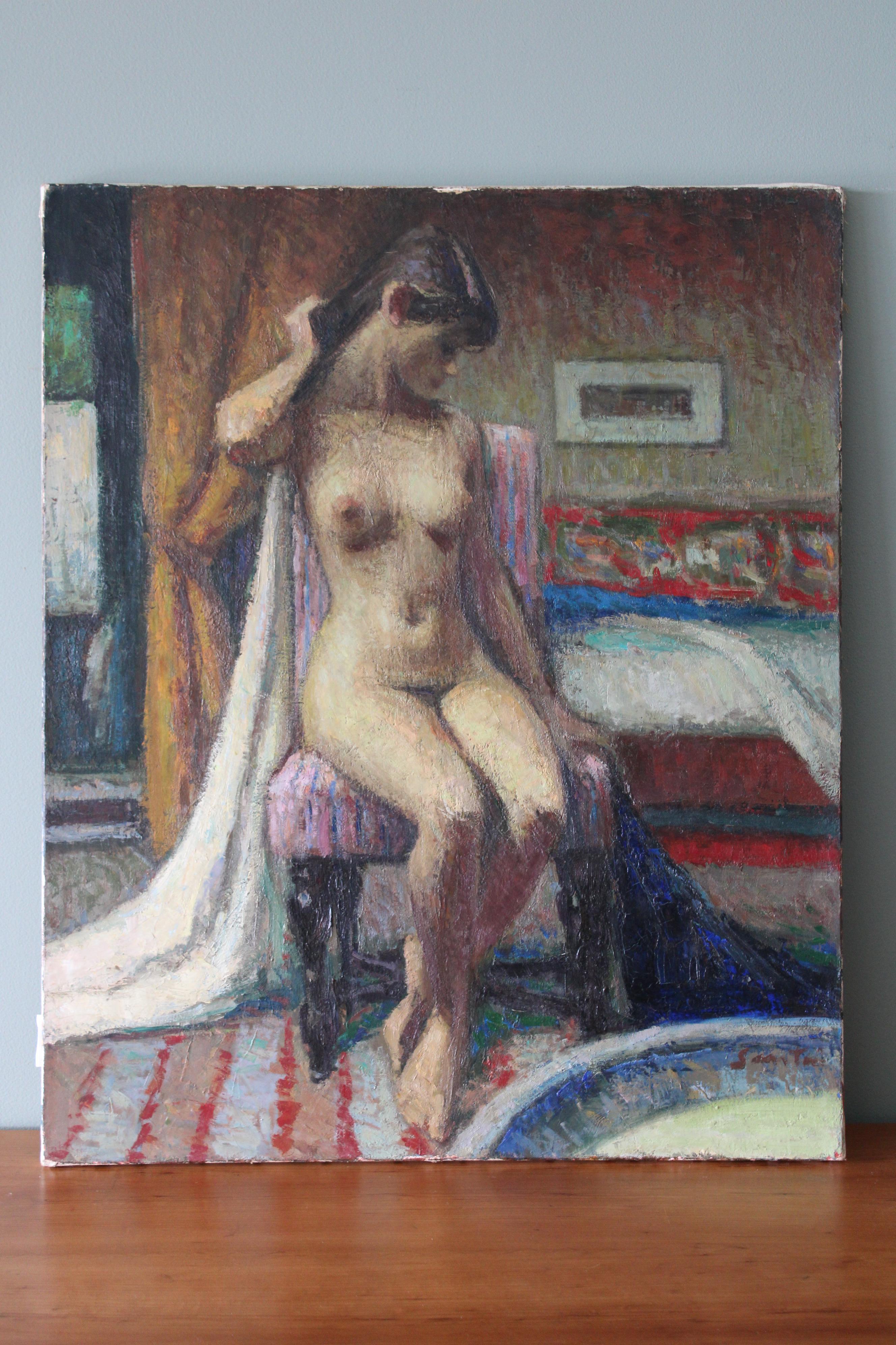 Nude oil painting, large post-impressionist sitting nude by Pio Santini For Sale 1