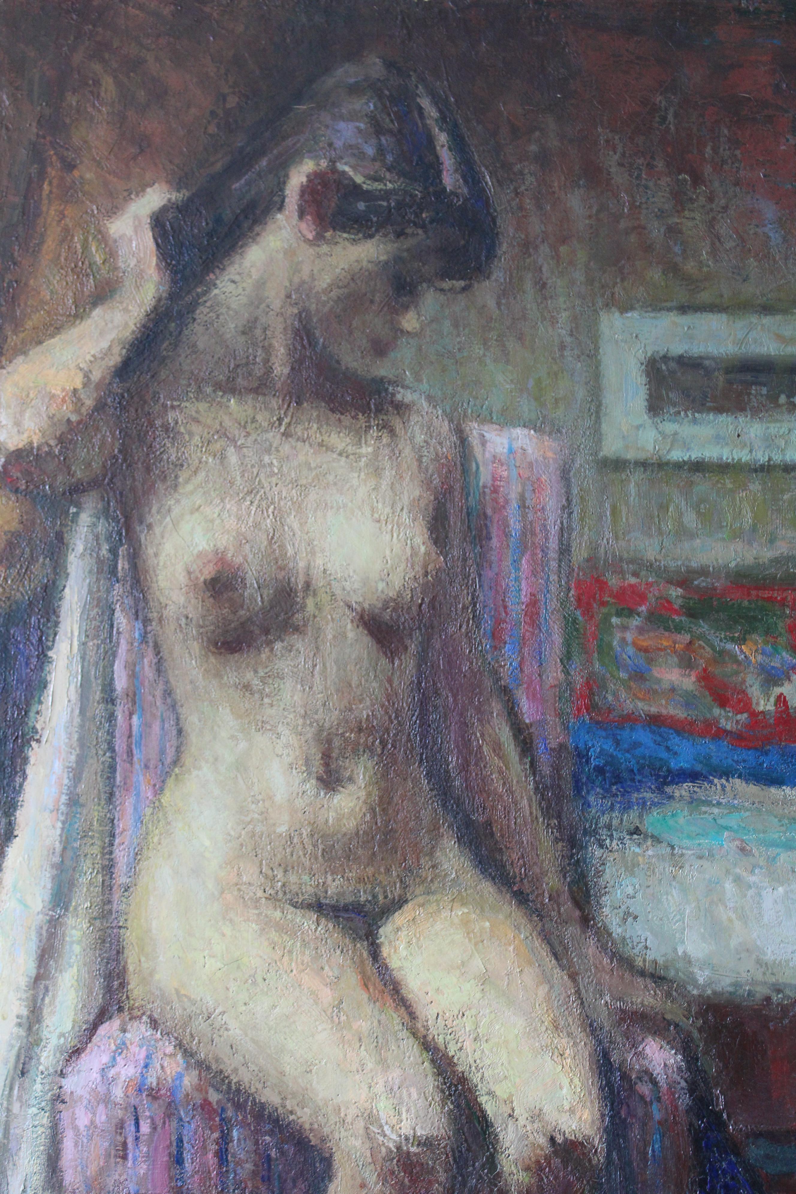 Nude oil painting, large post-impressionist sitting nude by Pio Santini For Sale 2