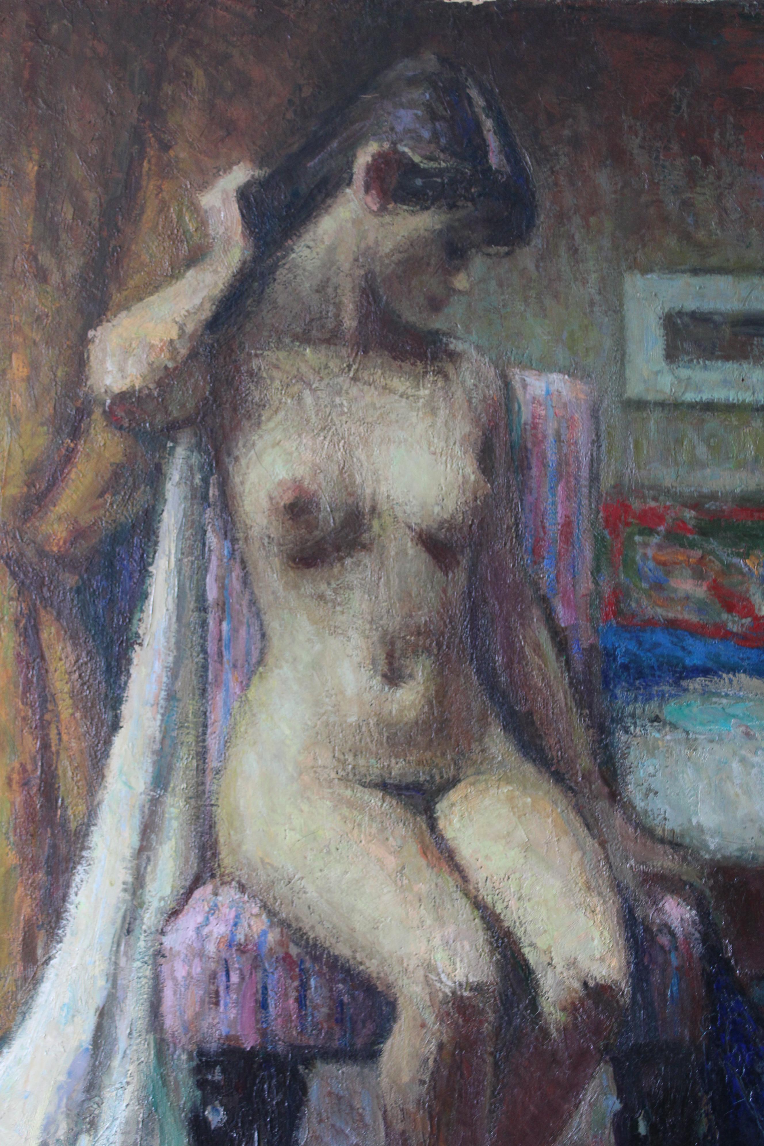 Nude oil painting, large post-impressionist sitting nude by Pio Santini For Sale 5
