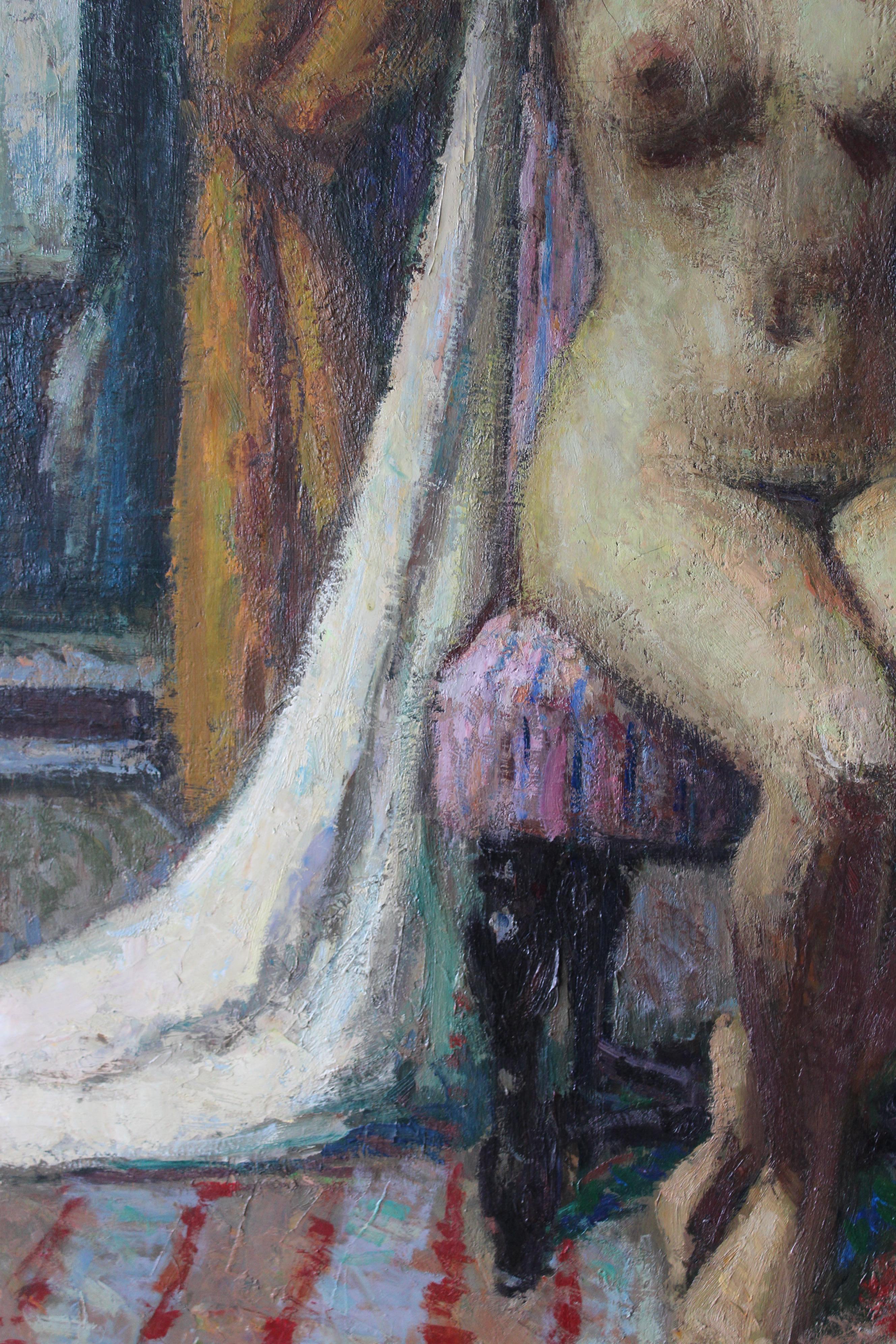 Nude oil painting, large post-impressionist sitting nude by Pio Santini For Sale 6