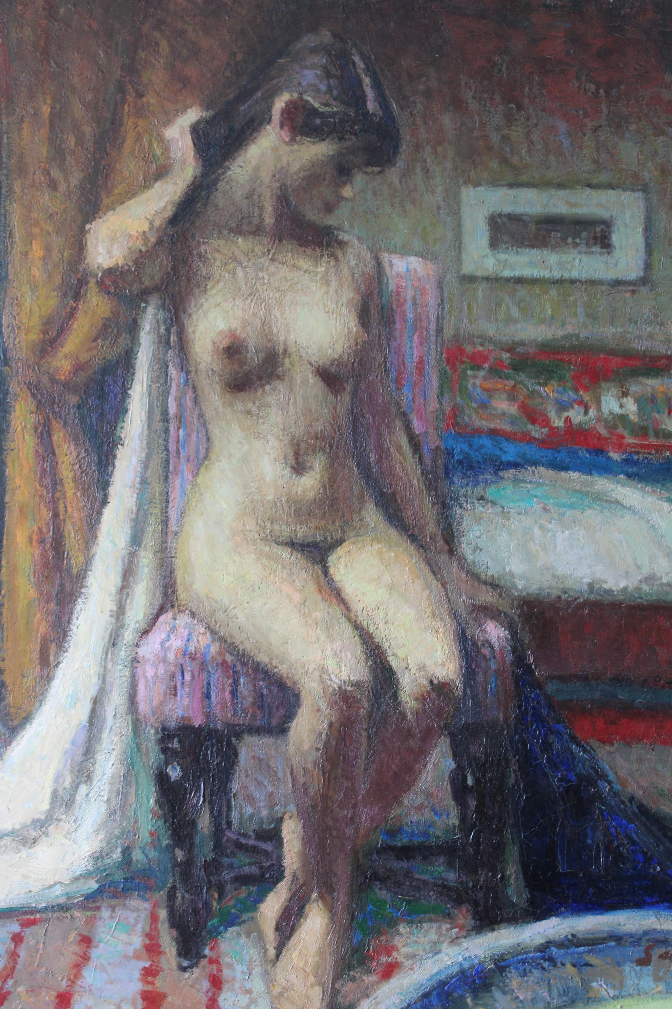 Large vintage nude portrait oil painting of a woman sitting.  This is a gorgeous, colourful and exceptional nude oil painting by Pio Santini, signed in the lower right. A young woman sits for the artist in a bedroom, she grooms her hair, after her