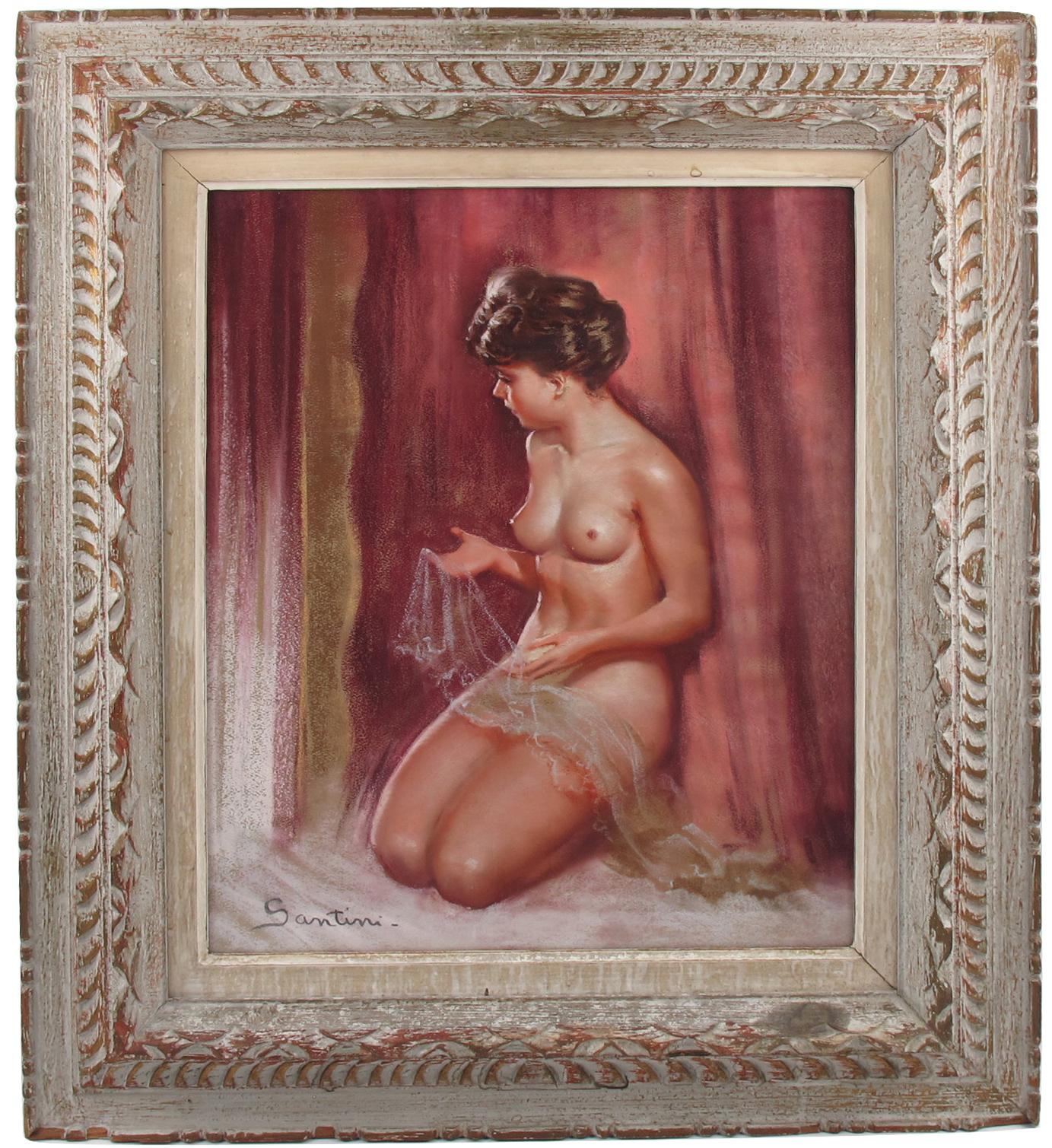This charming pastel painting on paper was designed by Pio Santini (1908-1986) and named: nude with lace. The artist's signature, Santini, can be found in the bottom left corner of the artwork.
Lovely romantic composition with a nude young lady