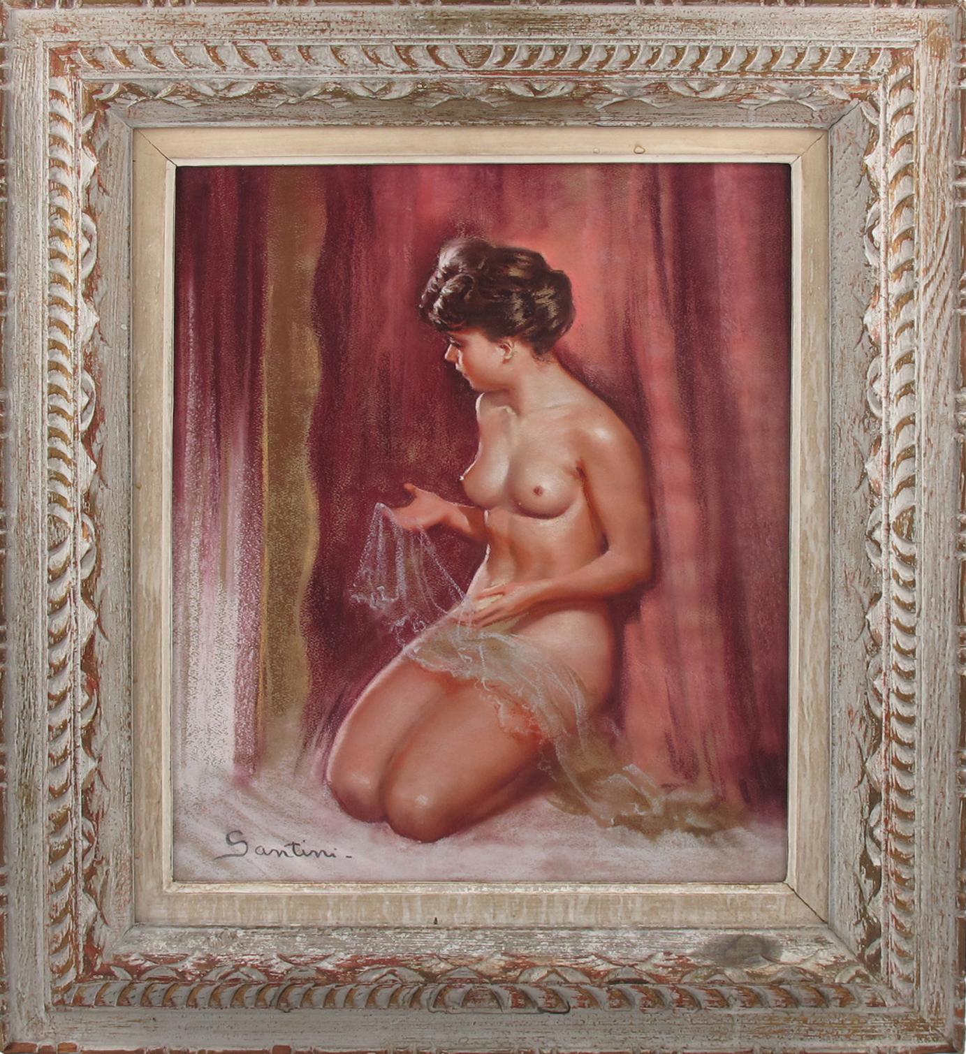 Peinture de nu avec dentelle, peinture d'étude au pastel de Pio Santini