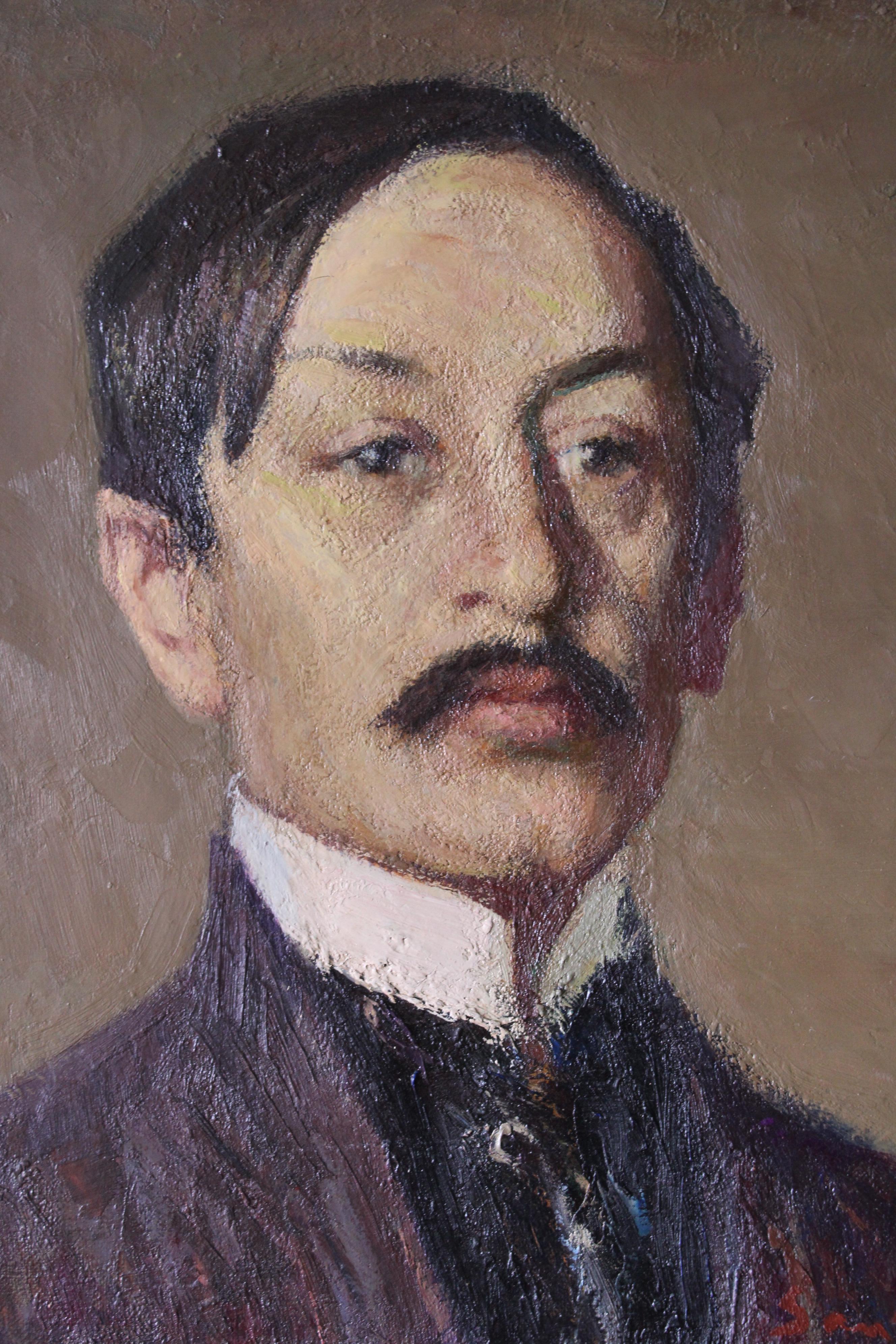 Vintage portrait à l'huile impressionniste d'un homme par Pio Santini (1908-1986), signé en bas à droite.  Une huile sur toile texturée avec des empâtements vigoureux appliqués.  des coups de pinceau et de couteau qui donnent une excellente