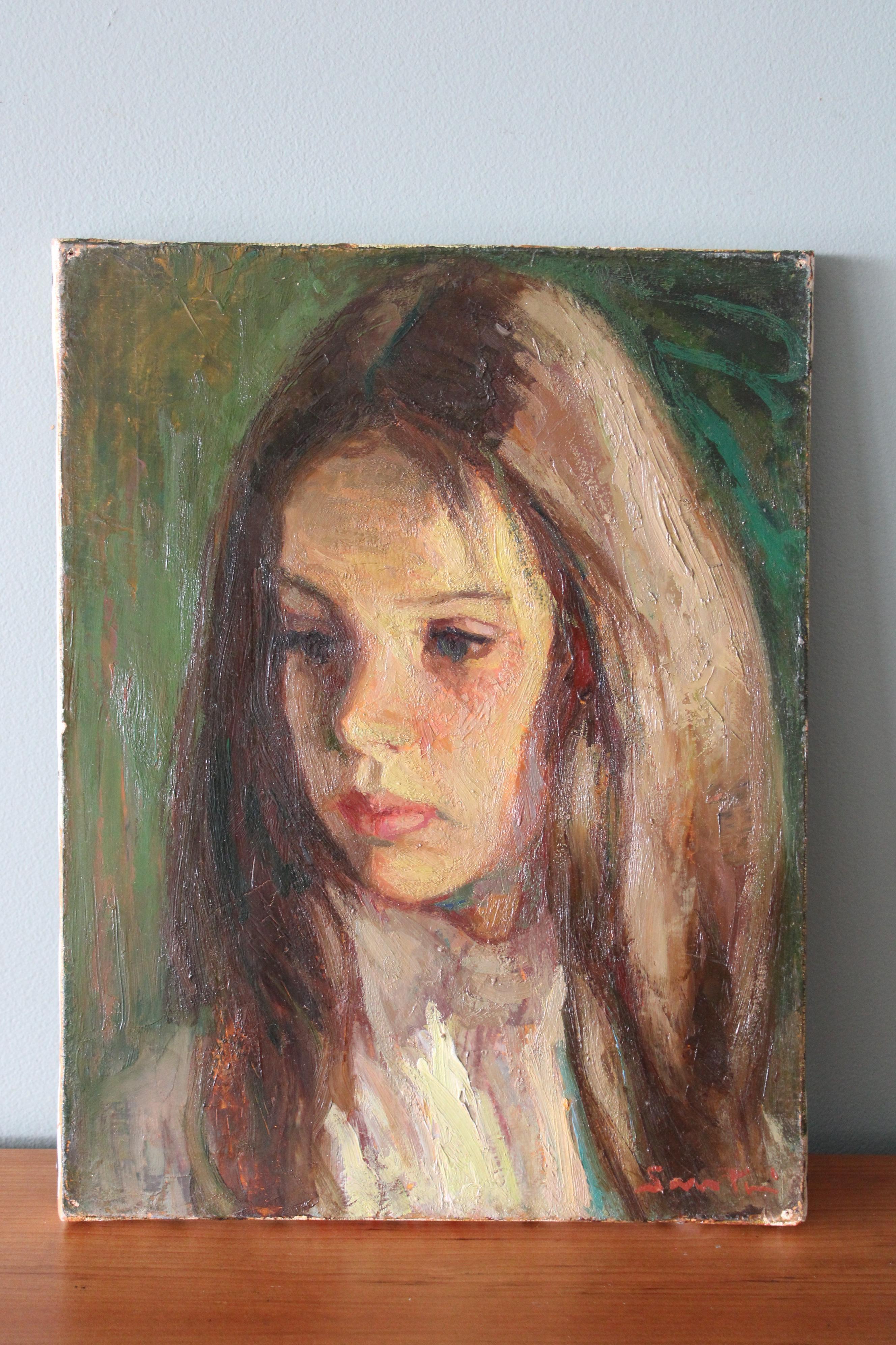 Vintage impressionist oil painting of a woman by Pio Santini 1