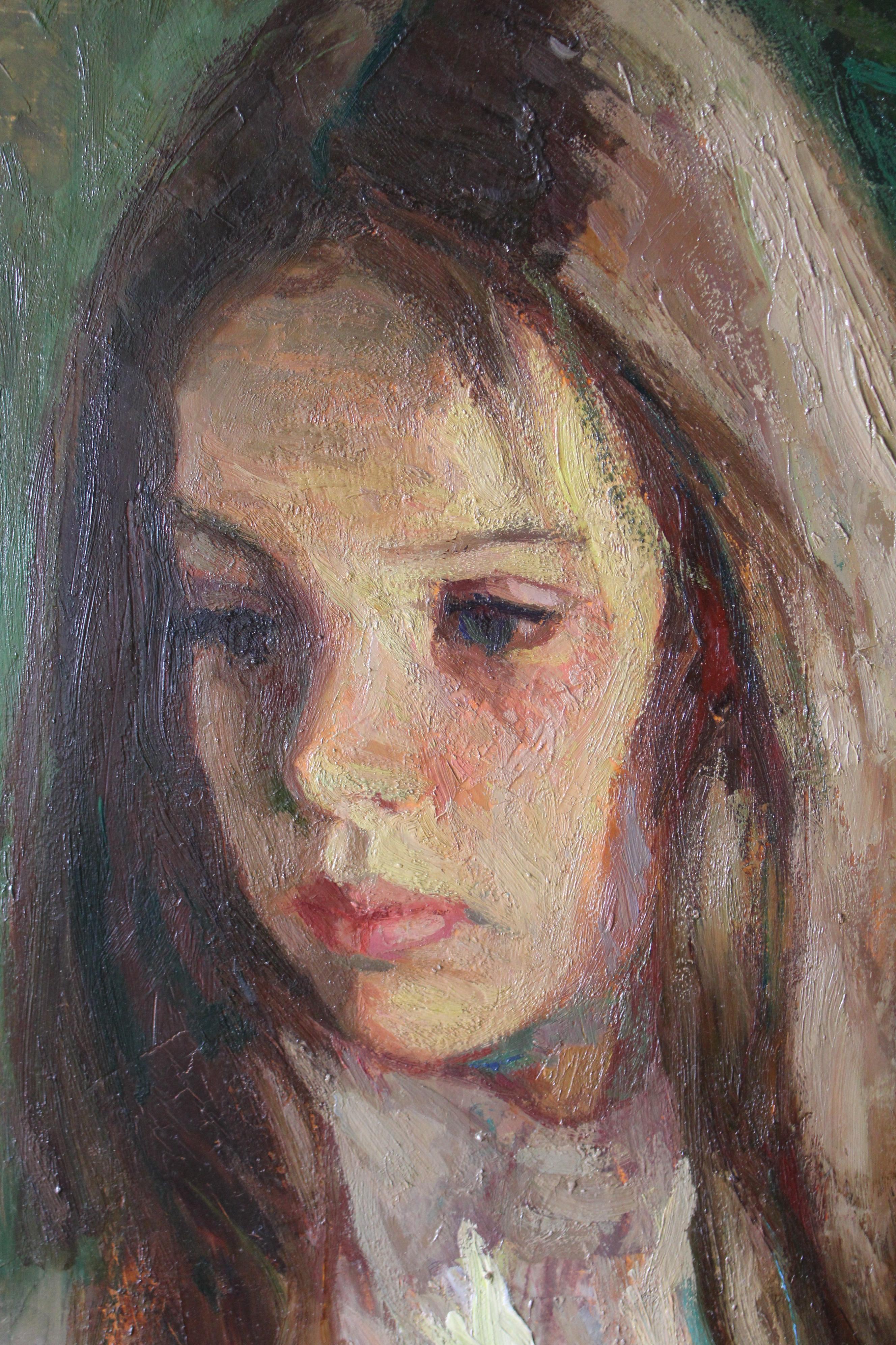 Vintage impressionist oil portrait painting of a young woman by Pio Santini (1908-1986), signed bottom right.  A textured oil on canvas with vigorous impasto enforced  brush and knife strokes that give excellent depth and a sense of volume. The