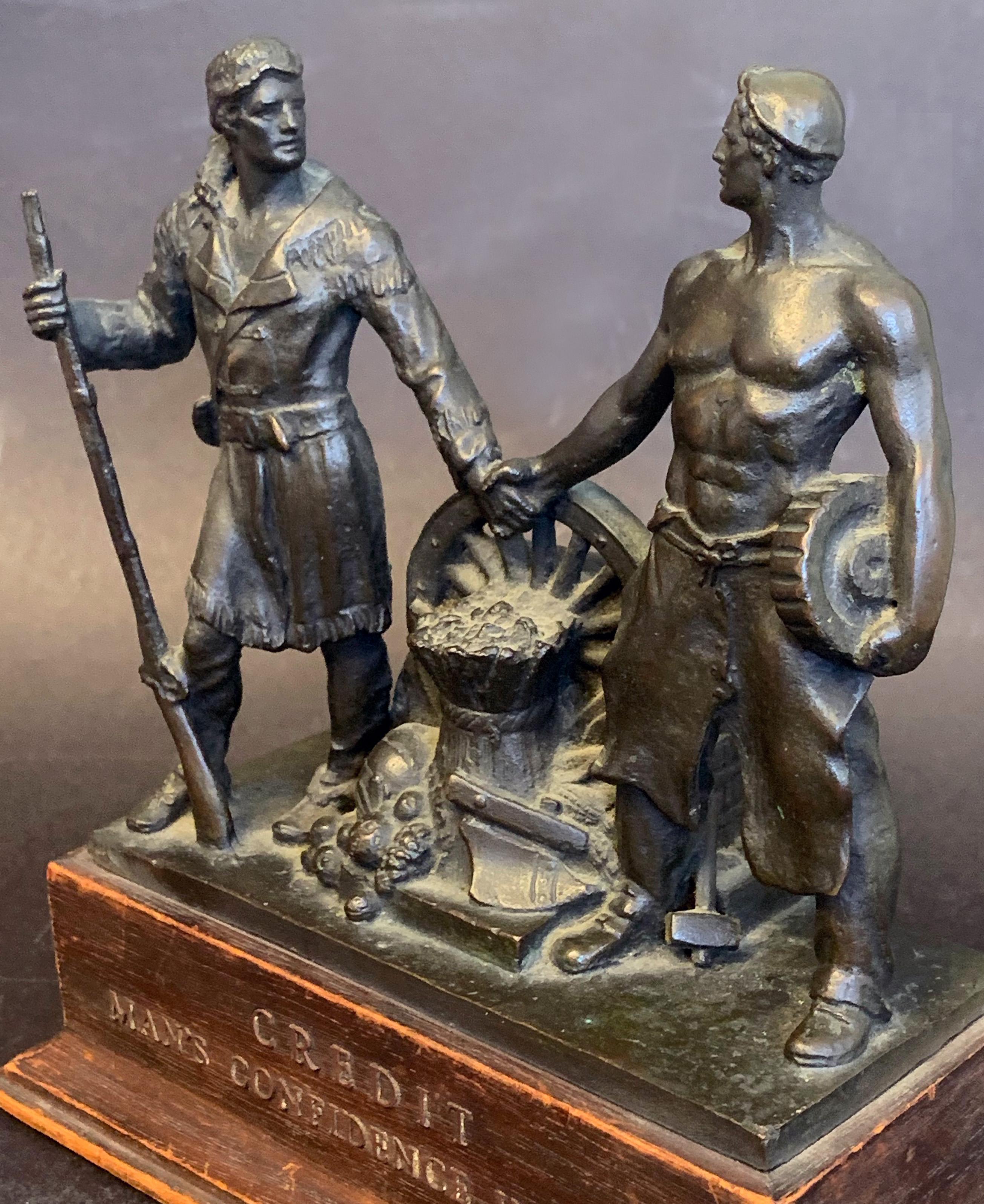 Inspired by an earlier mural painted by Louis Grell for a series of banks in New York and elsewhere, and also rendered as a bas relief for the Dun and Bradstreet headquarters on Wall Street in New York City, this three-dimensional bronze depicting