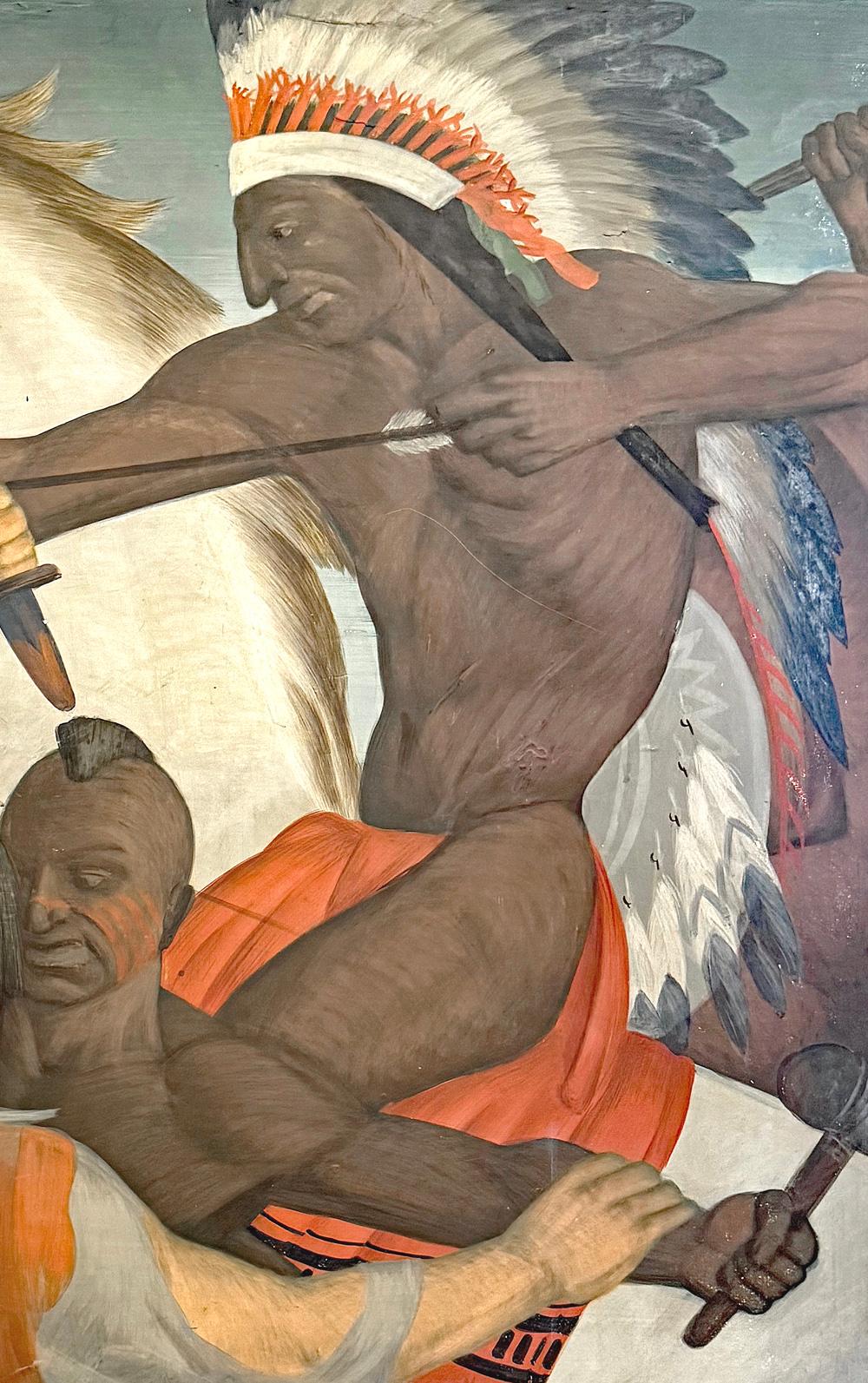 Bold, high-energy and striking, this Art Deco mural depicts a battle in 19th century America, with an Indian chief on horseback in full battle regalia, including a feather headdress, and another with a Mohawk, fighting a Pioneer. The entire scene is