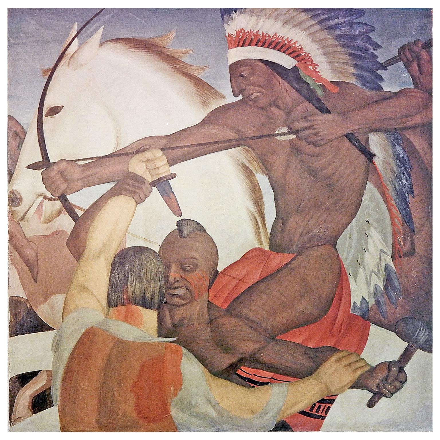 "Pioneers and Indians in Battle, " Large, Extraordinary Art Deco Mural