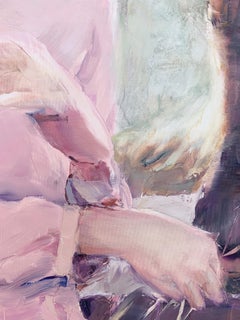 Une visite. Peinture acrylique sur toile figurative, animal, cheval, artiste polonais