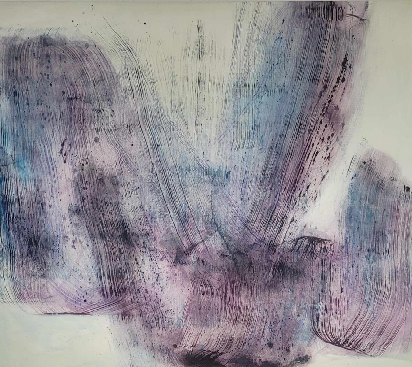 Existencia misteriosa. Abstracción gestual, morado, azul, artista polaco