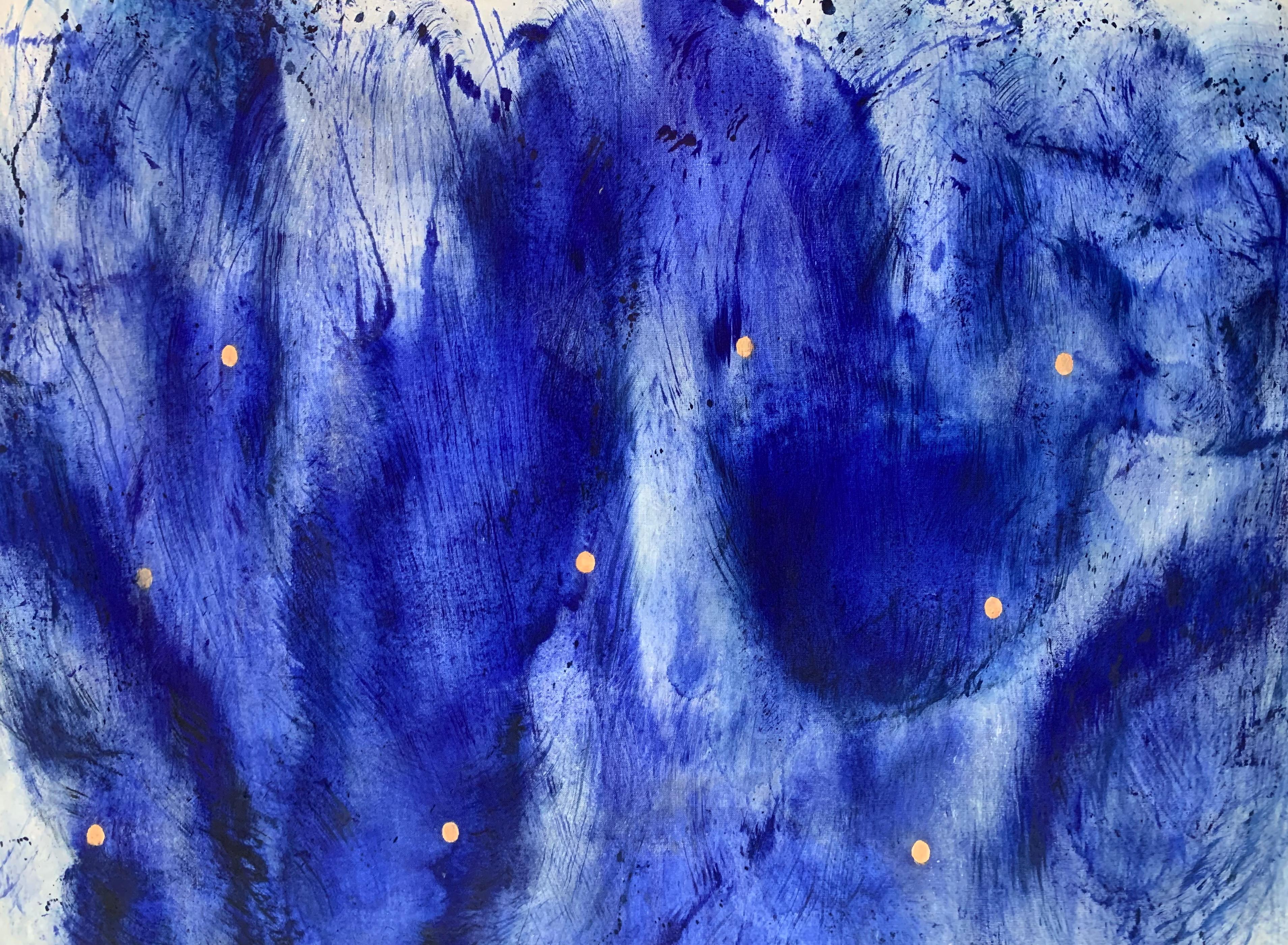 Stelle silenziose. Astrazione gestuale, Blu, Oro, Artista polacco - Painting di Piotr Butkiewicz