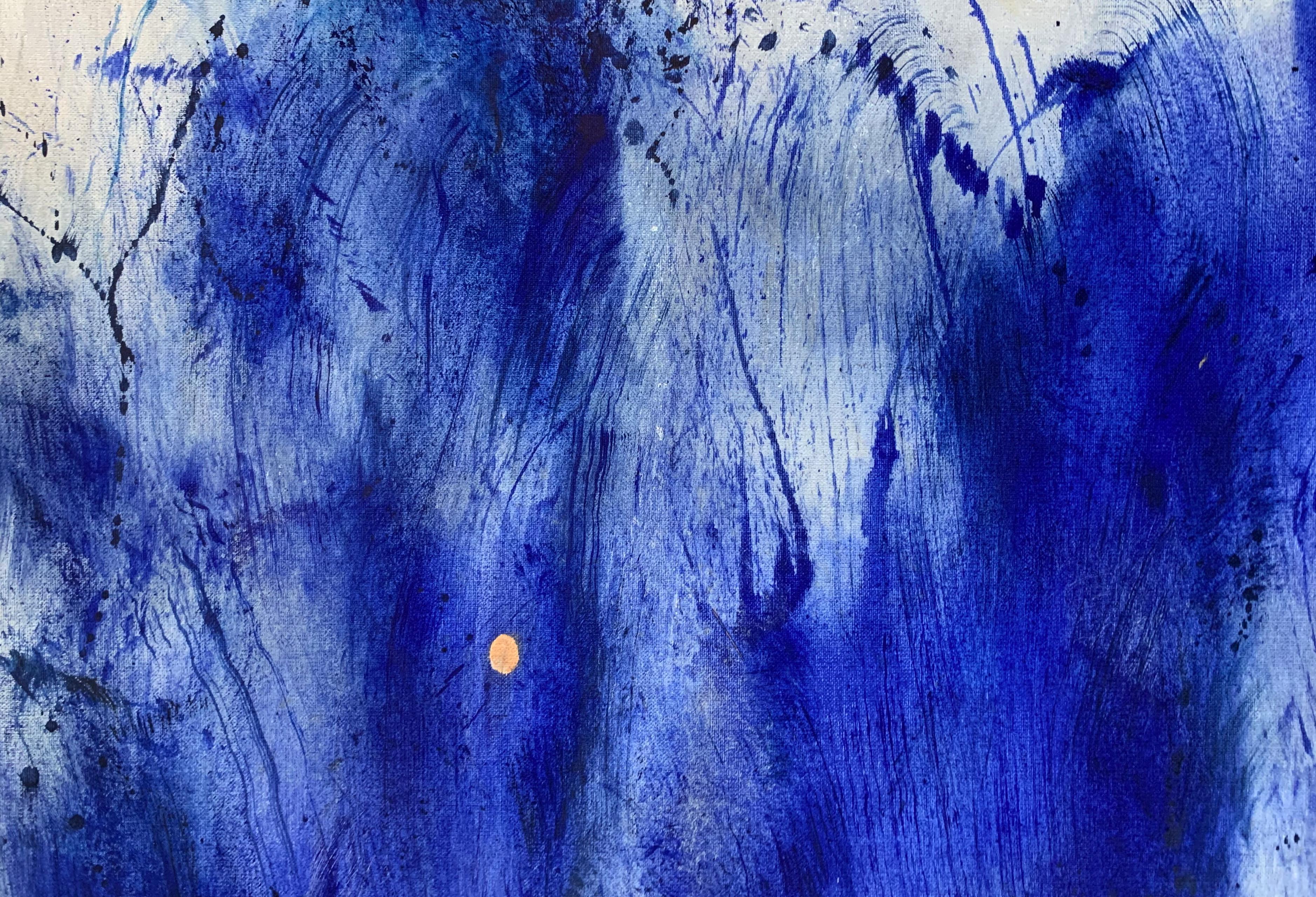 Stelle silenziose. Astrazione gestuale, Blu, Oro, Artista polacco - Abstract Painting Viola di Piotr Butkiewicz