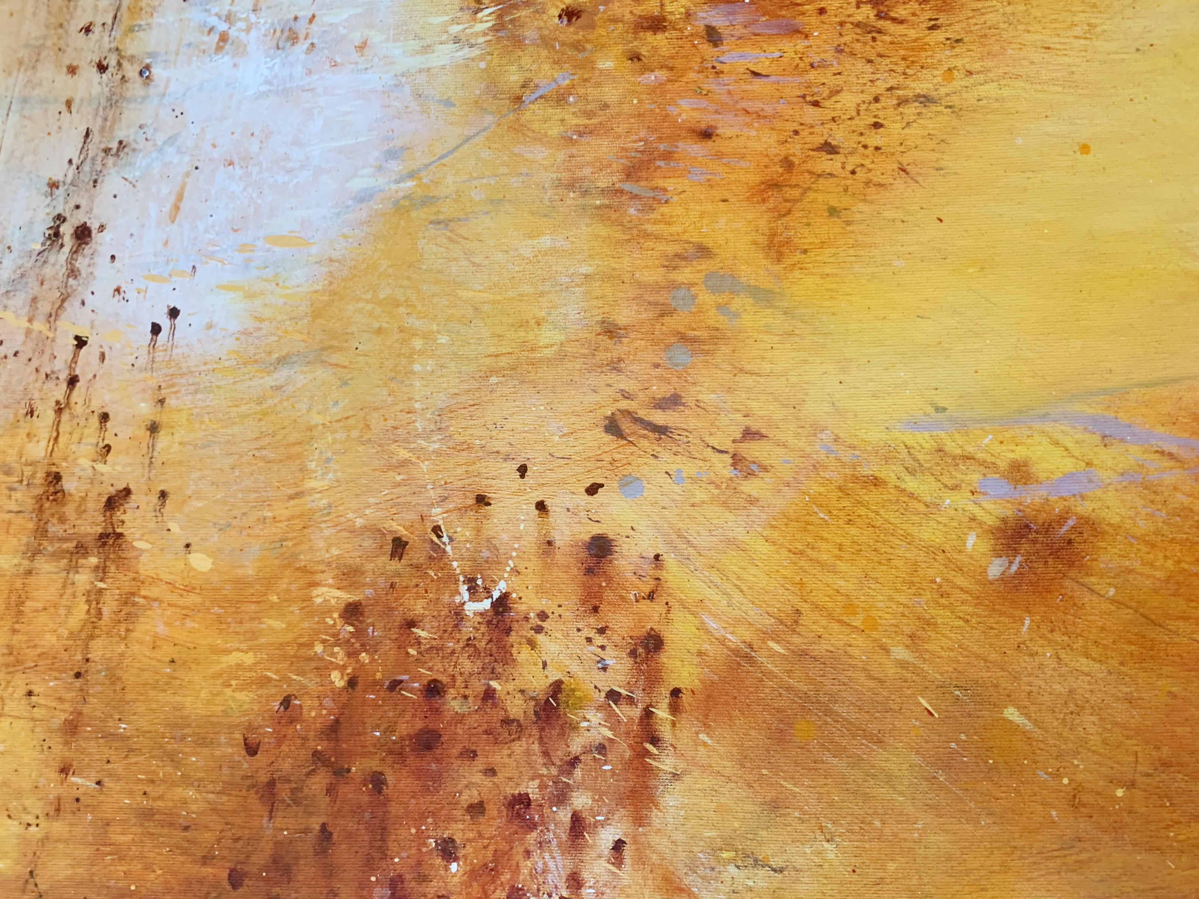 Lì con il cane. Astrazione gestuale, Arancio, Pittura a olio, Artista polacco - Abstract Painting Marrone di Piotr Butkiewicz
