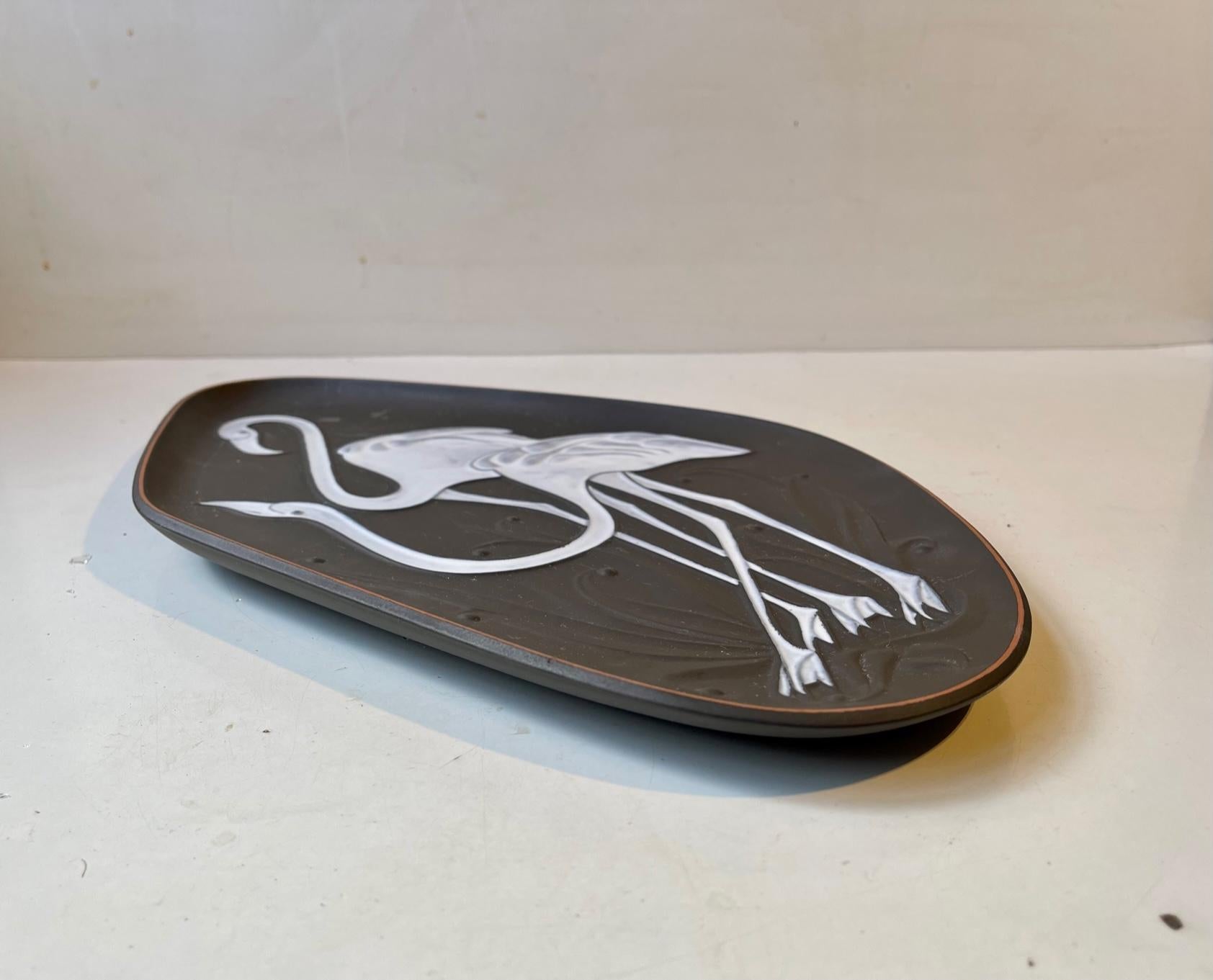 Danish Piotr L. Baro Glazed Asymmetrical Flamingo Dish or Wall Plaque for Knabstrup For Sale