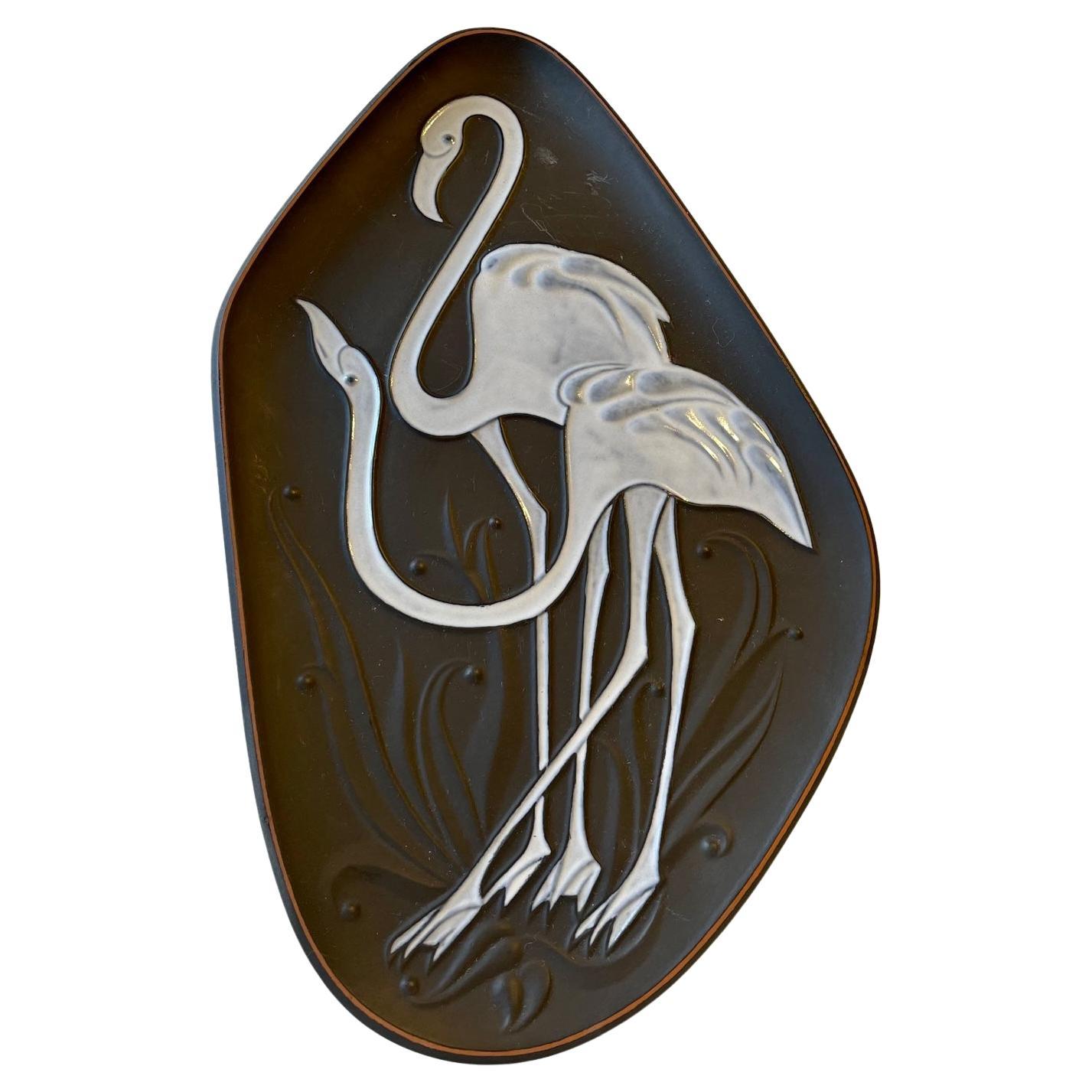 Plat ou plaque murale asymétrique flamingo émaillé Piotr L. Baro pour Knabstrup