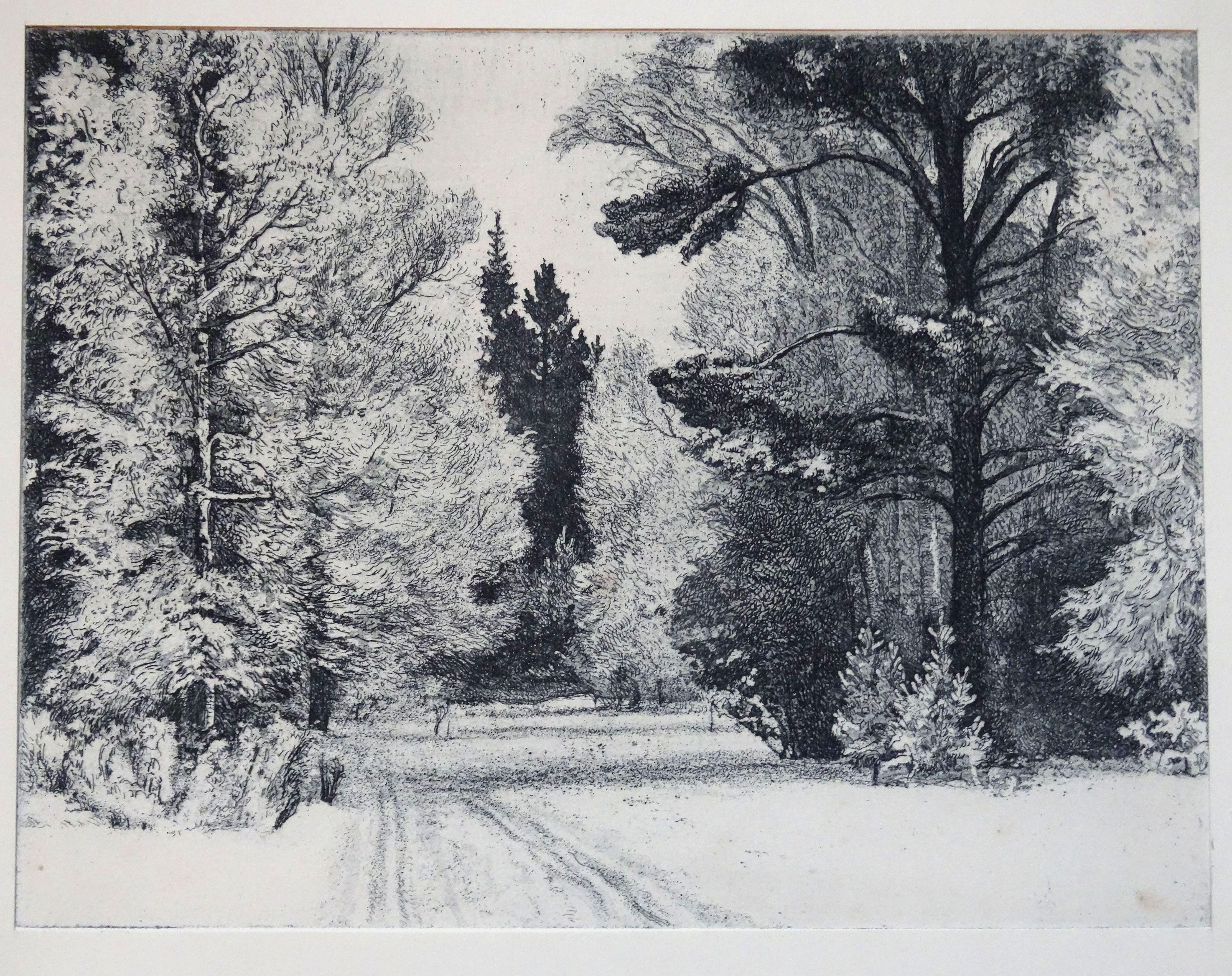 Piotr Petrovich Belousov Landscape Print - Forest Road  Paper, etching, 21.5x28.5 cm
