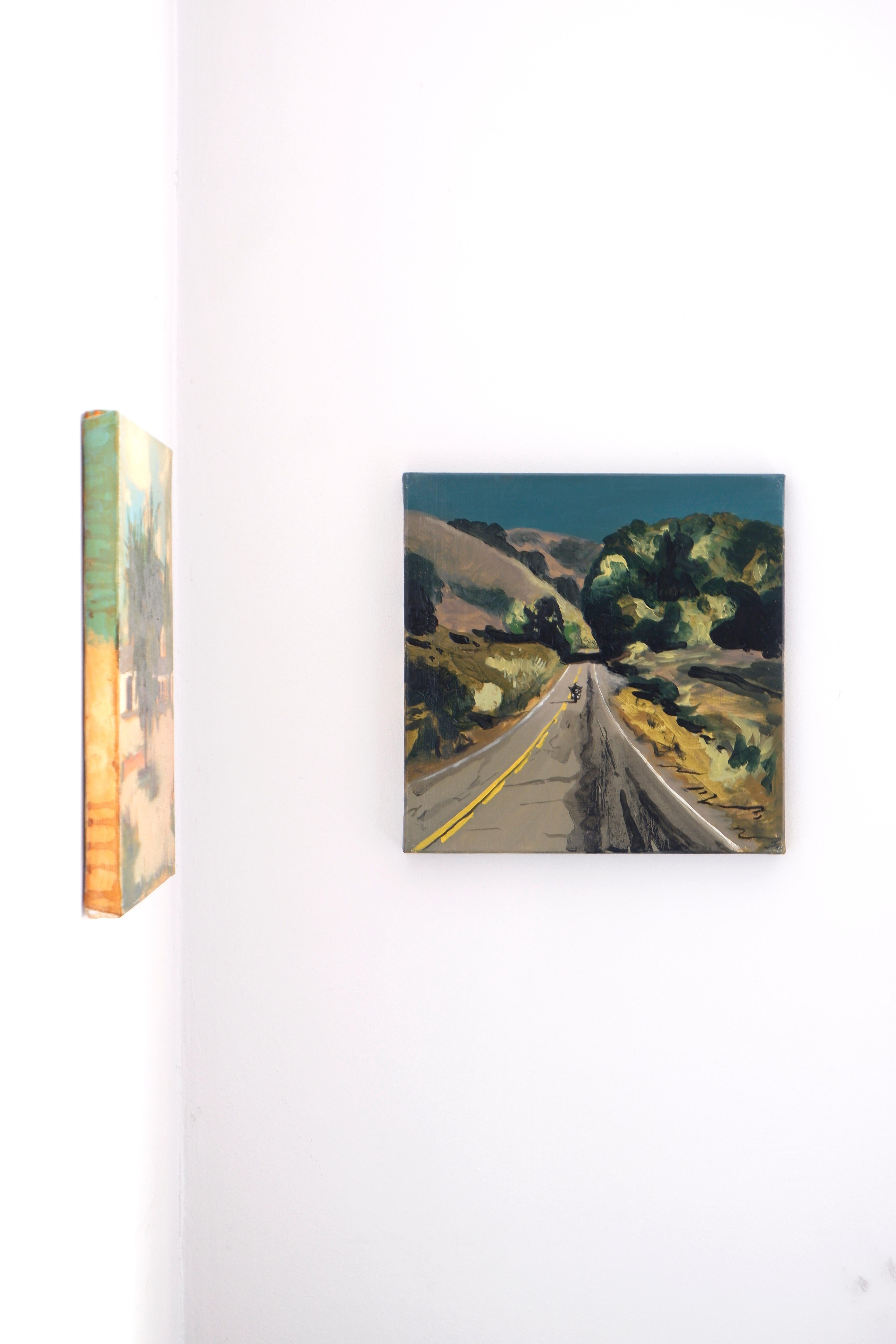 THE ROAD TO MALIBU - Expressive, Colourful USA Landscape Oil Painting, Biker - Black Landscape Painting by Piotr Szczur