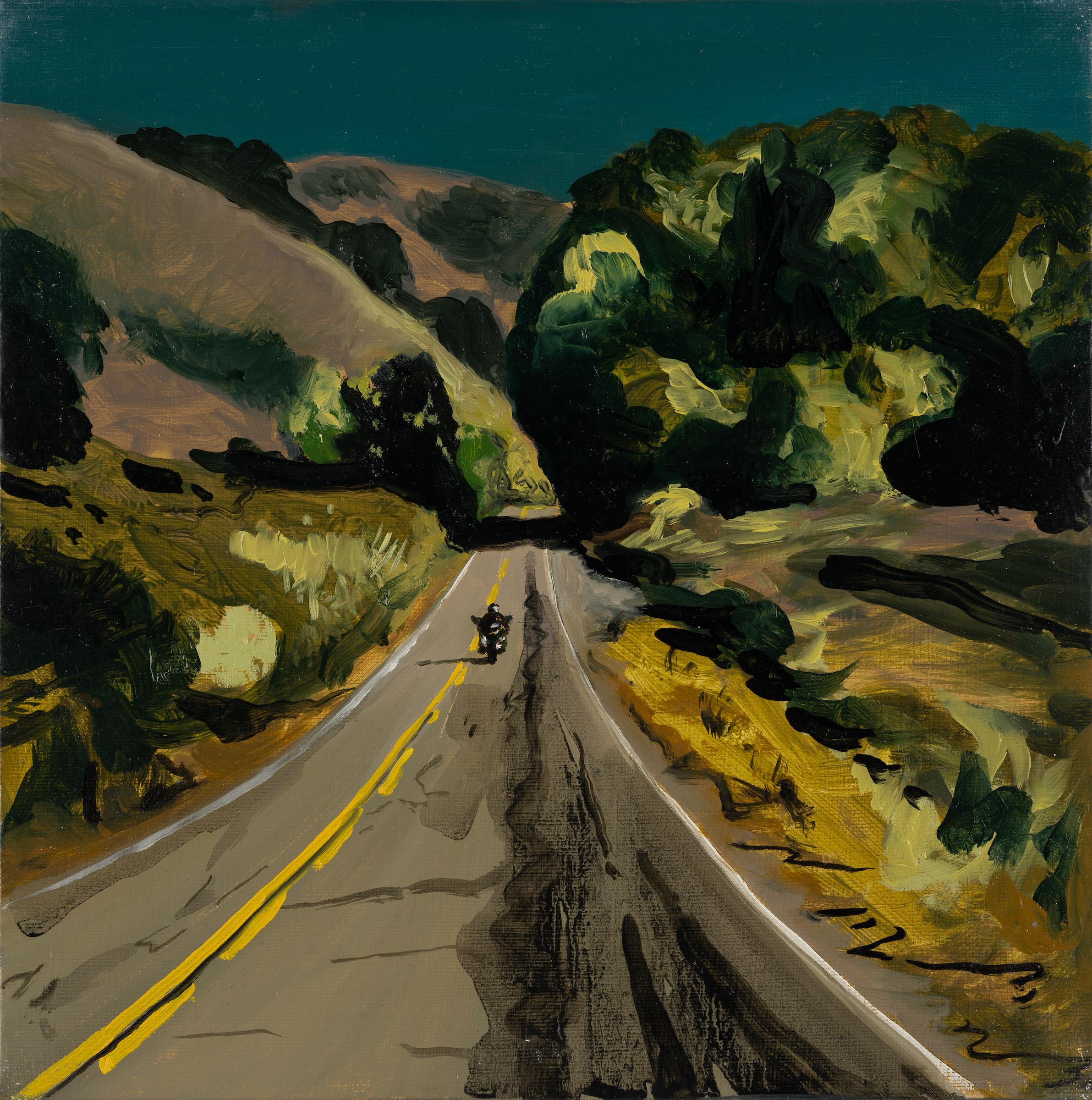 Piotr Szczur Landscape Painting - THE ROAD TO MALIBU - Expressive, Colourful USA Landscape Oil Painting, Biker
