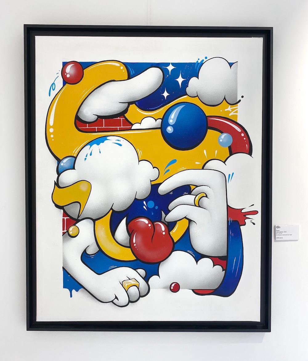 Hand Games is an aerosol and acrylic painting by French artist Piotre. 

This abstract painting, with its round shapes and primary colors, conveys a real atmosphere of comfort. The possibility to hang this painting upside down, thanks to its studied