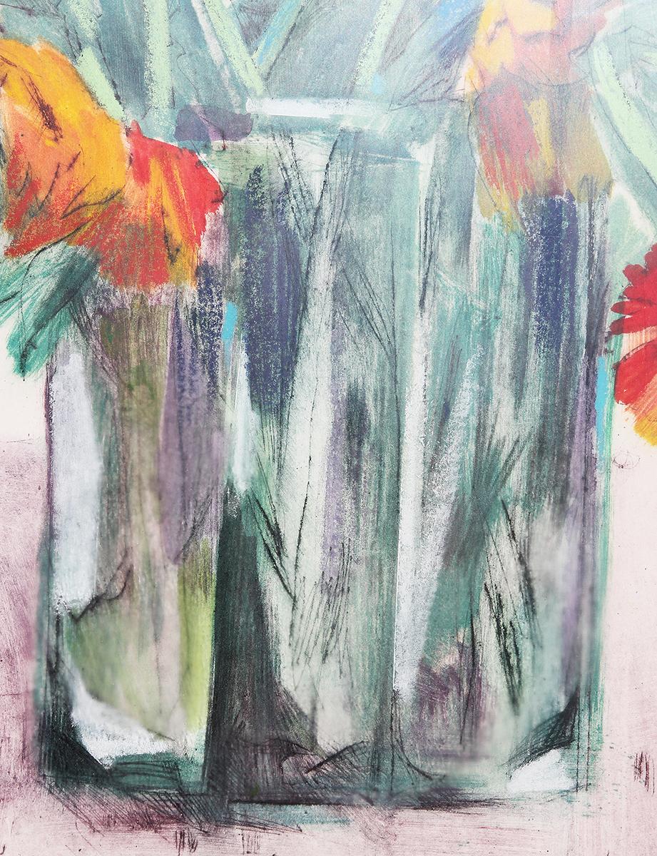 Abstract Contemporary Interior Still Life Print of Marigolds in a Teal Vase For Sale 5