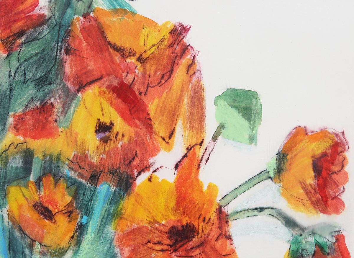 Abstract Contemporary Interior Still Life Print of Marigolds in a Teal Vase For Sale 4