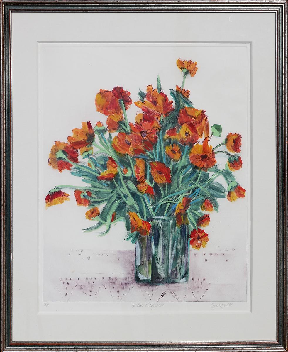 Pip Carpenter Still-Life Print - Abstract Contemporary Interior Still Life Print of Marigolds in a Teal Vase 